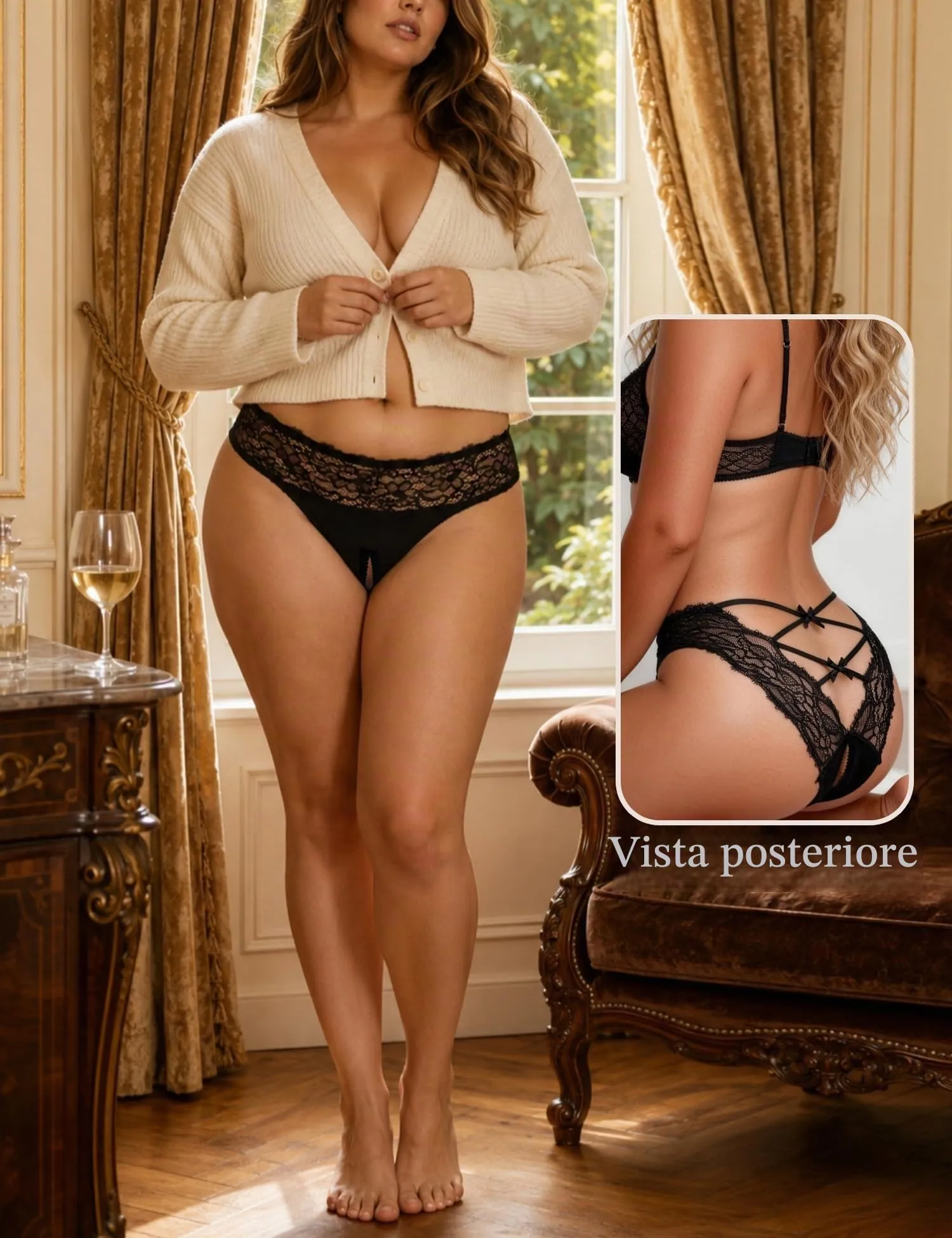 comeondear Perizoma Aperta Donna Pizzo Nero, M - immagine 3
