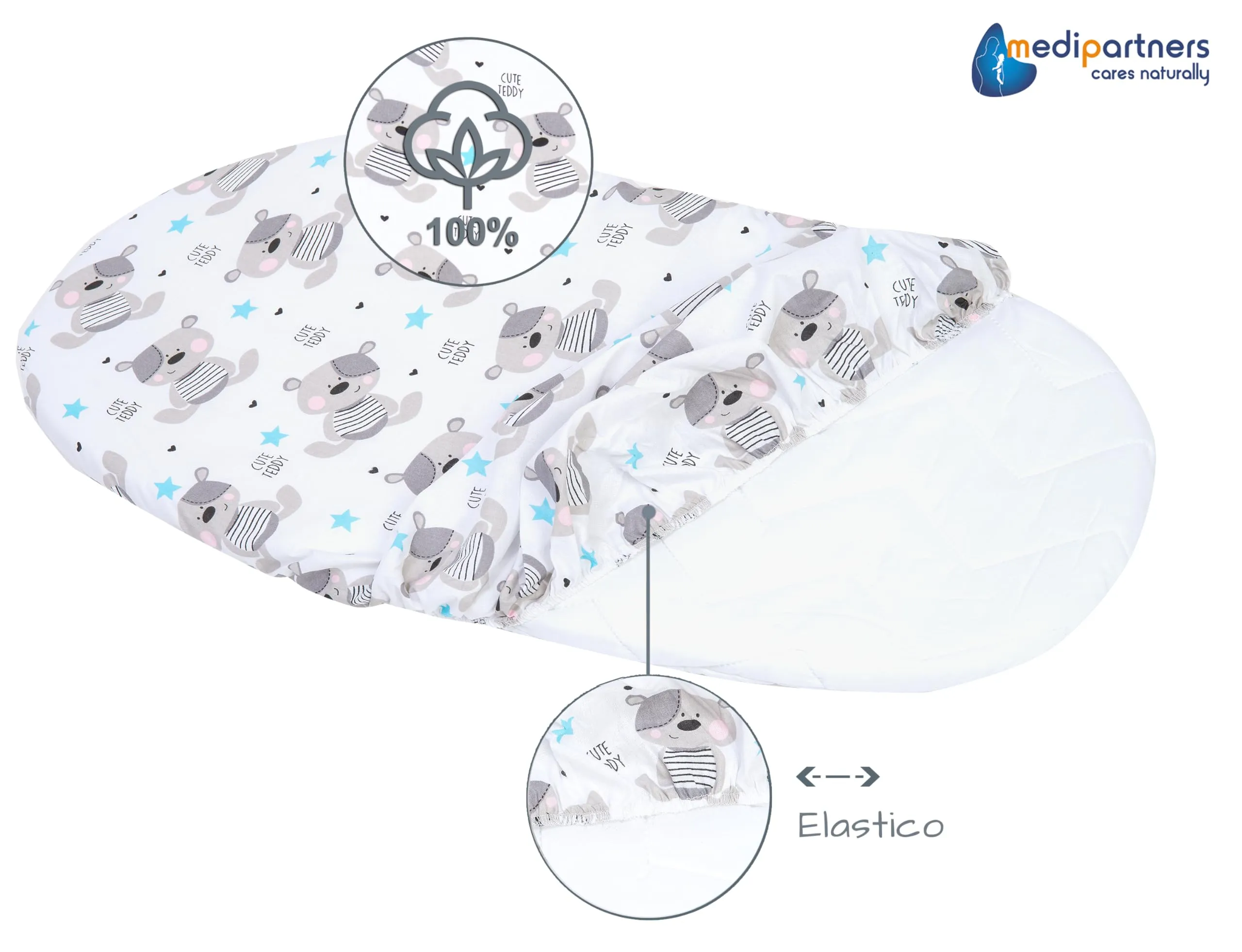 Medi Partners Lenzuolo per Lettino Culla e Navicella 86x40, 100% Cotone, Orsacchiotto con azzurro - immagine 4