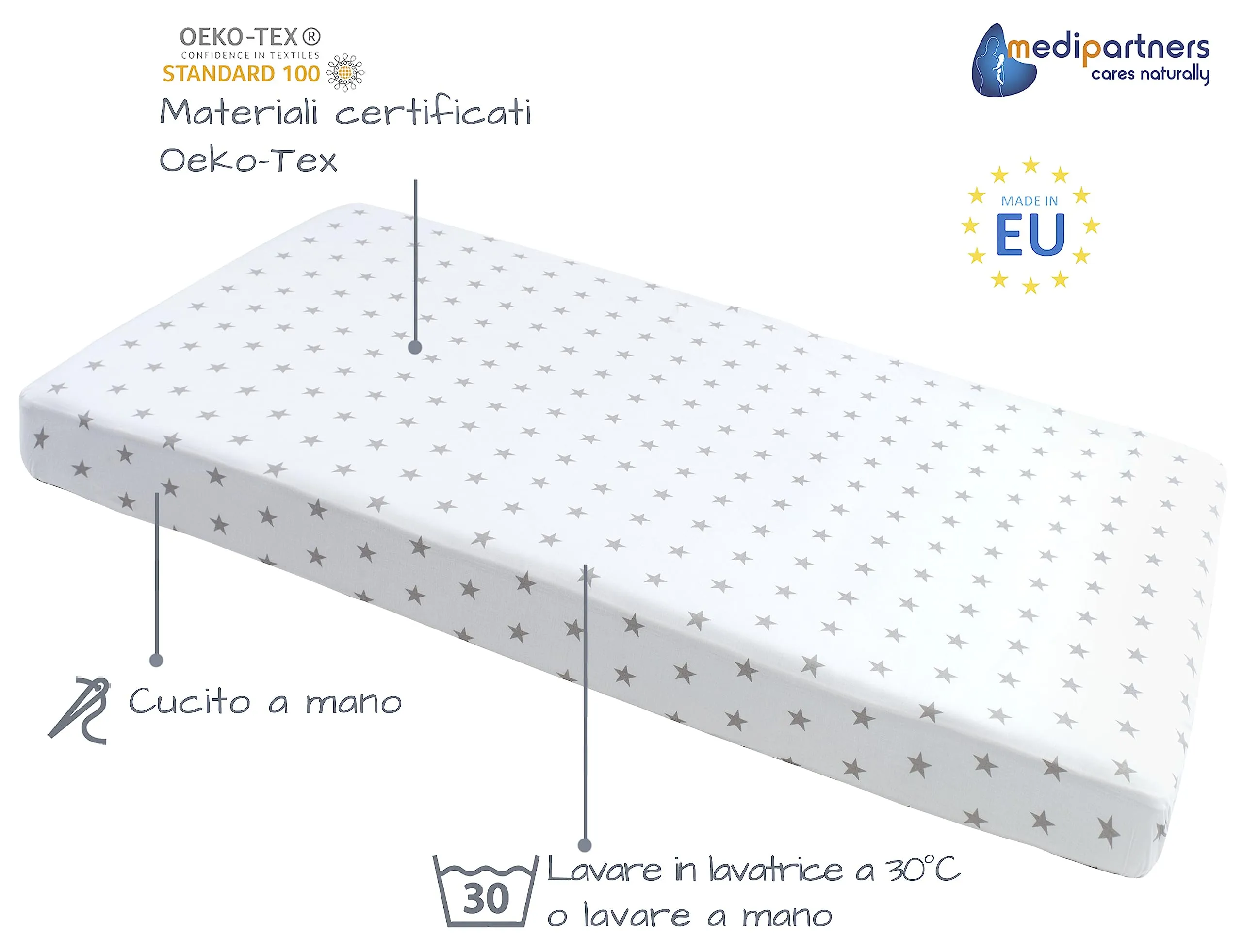 Medi Partners Lenzuola Lettino Neonato 60x120, 100% Cotone con Angoli (Stelle Grigie Su Bianco) - immagine 2