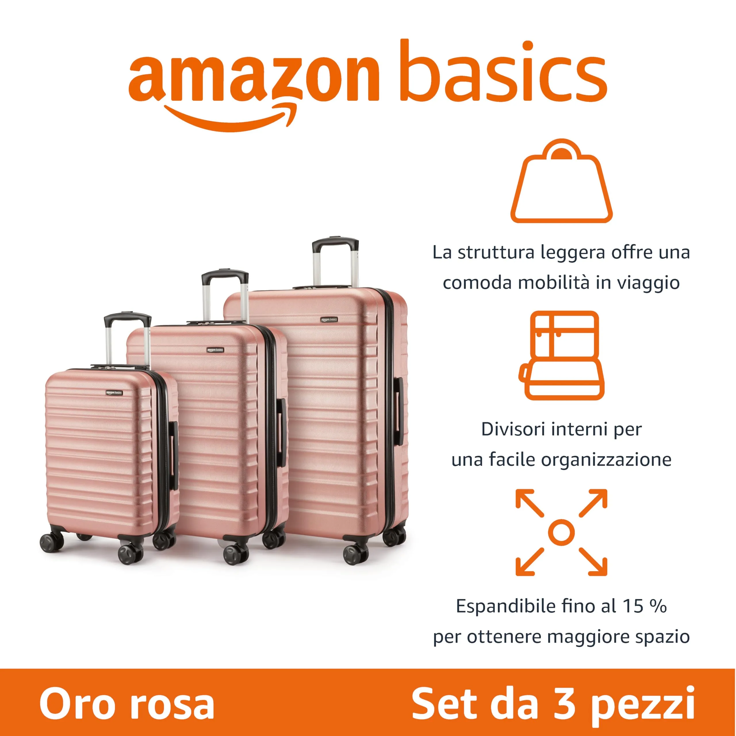 Amazon Basics Set Valigie Rigide ABS Espandibili (Piccola, Media, Grande) - Oro Rosa - immagine 2