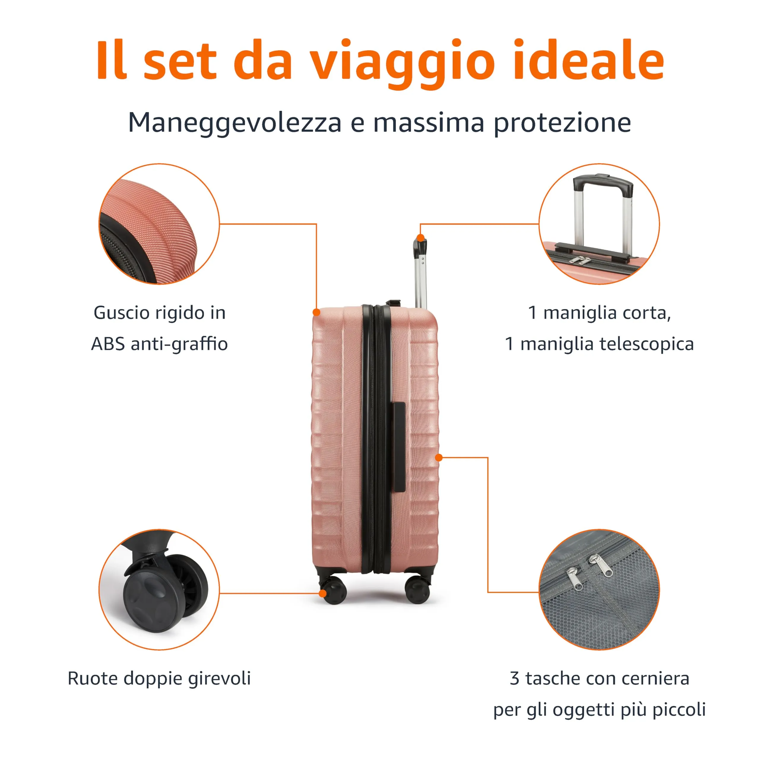 Amazon Basics Set Valigie Rigide ABS Espandibili (Piccola, Media, Grande) - Oro Rosa - immagine 7