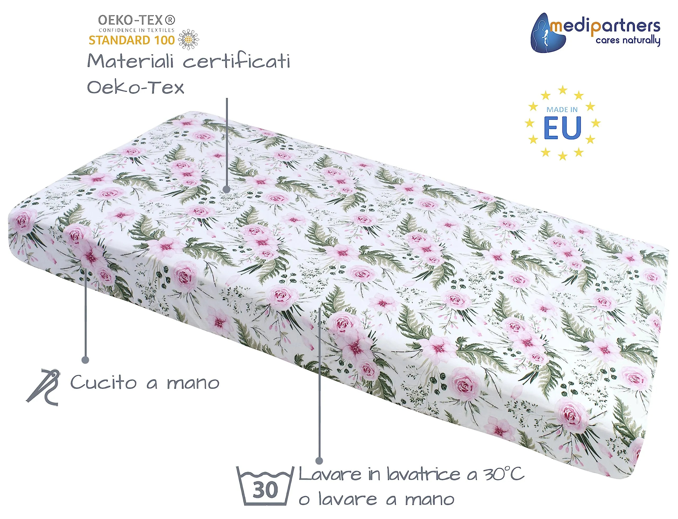 Medi Partners Lenzuola Lettino Neonato 60x120, 100% Cotone con Angoli (Fiori Rosa) - immagine 2