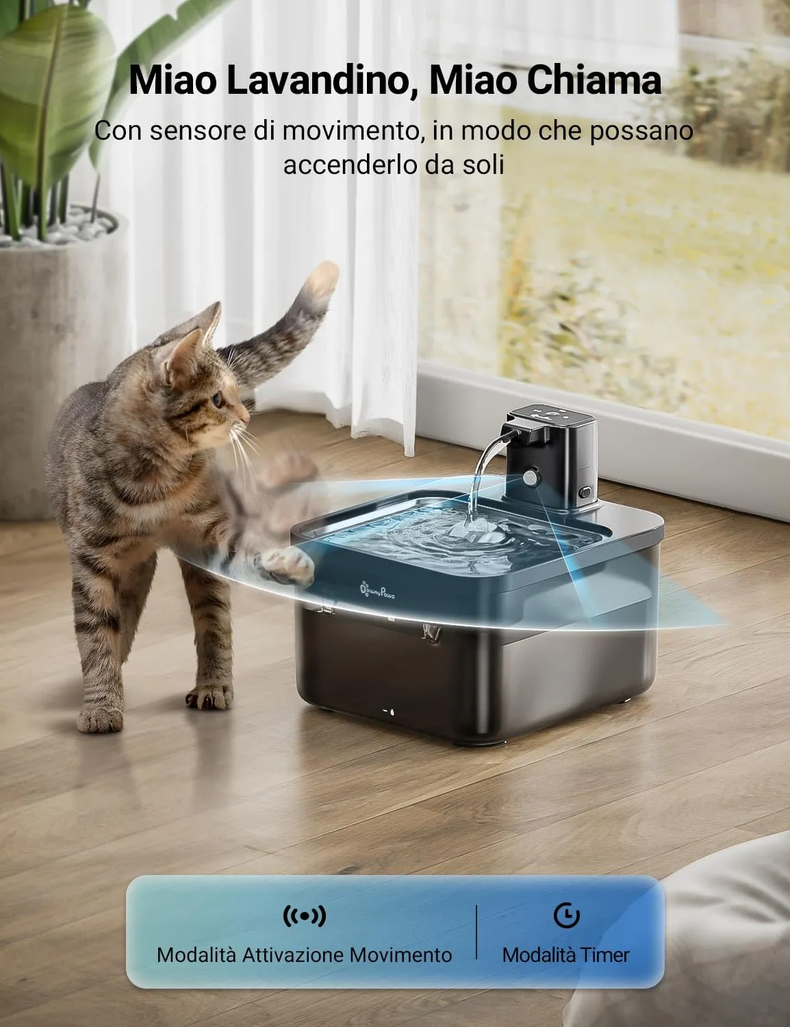 DownyPaws Fontanella per Gatti senza Fili con Sensore di Movimento, Nero - immagine 3