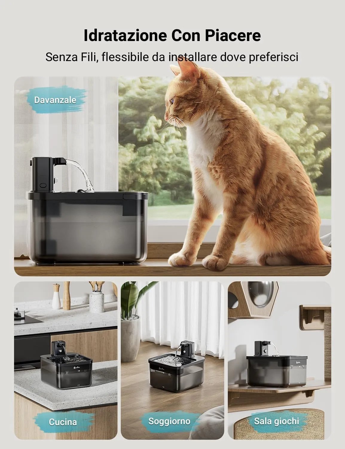 DownyPaws Fontana per Gatti senza Fili con Sensore di Movimento, Nero - immagine 2