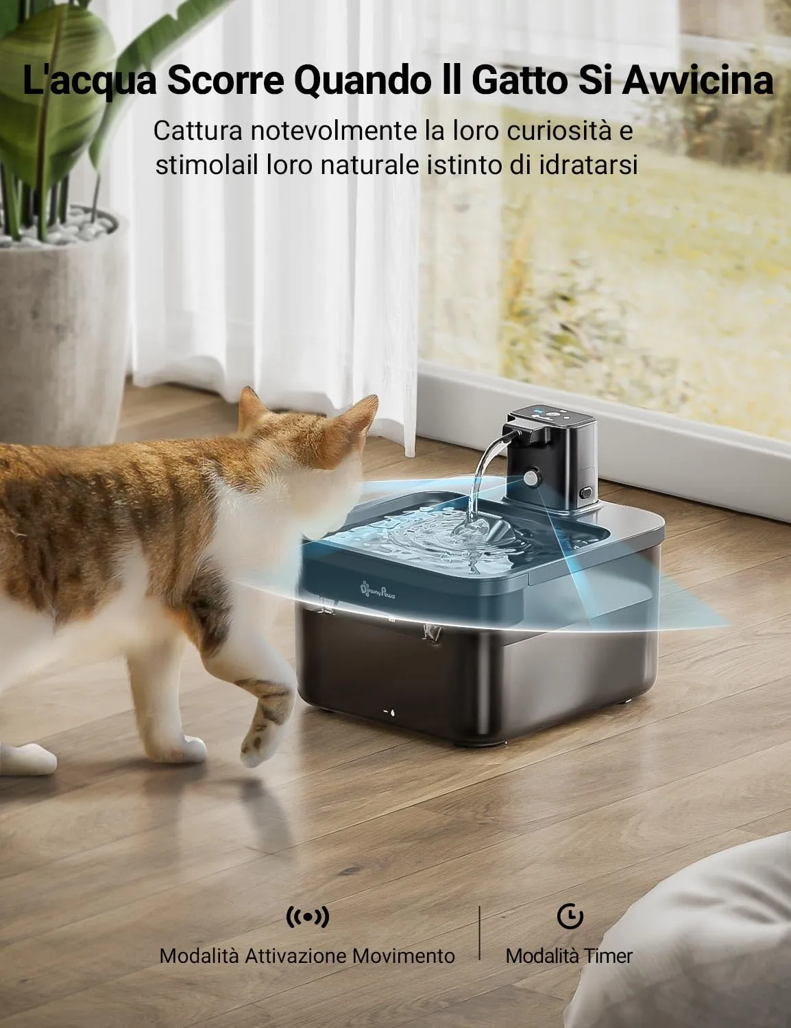 DownyPaws Fontana per Gatti senza Fili con Sensore di Movimento, Nero - immagine 3