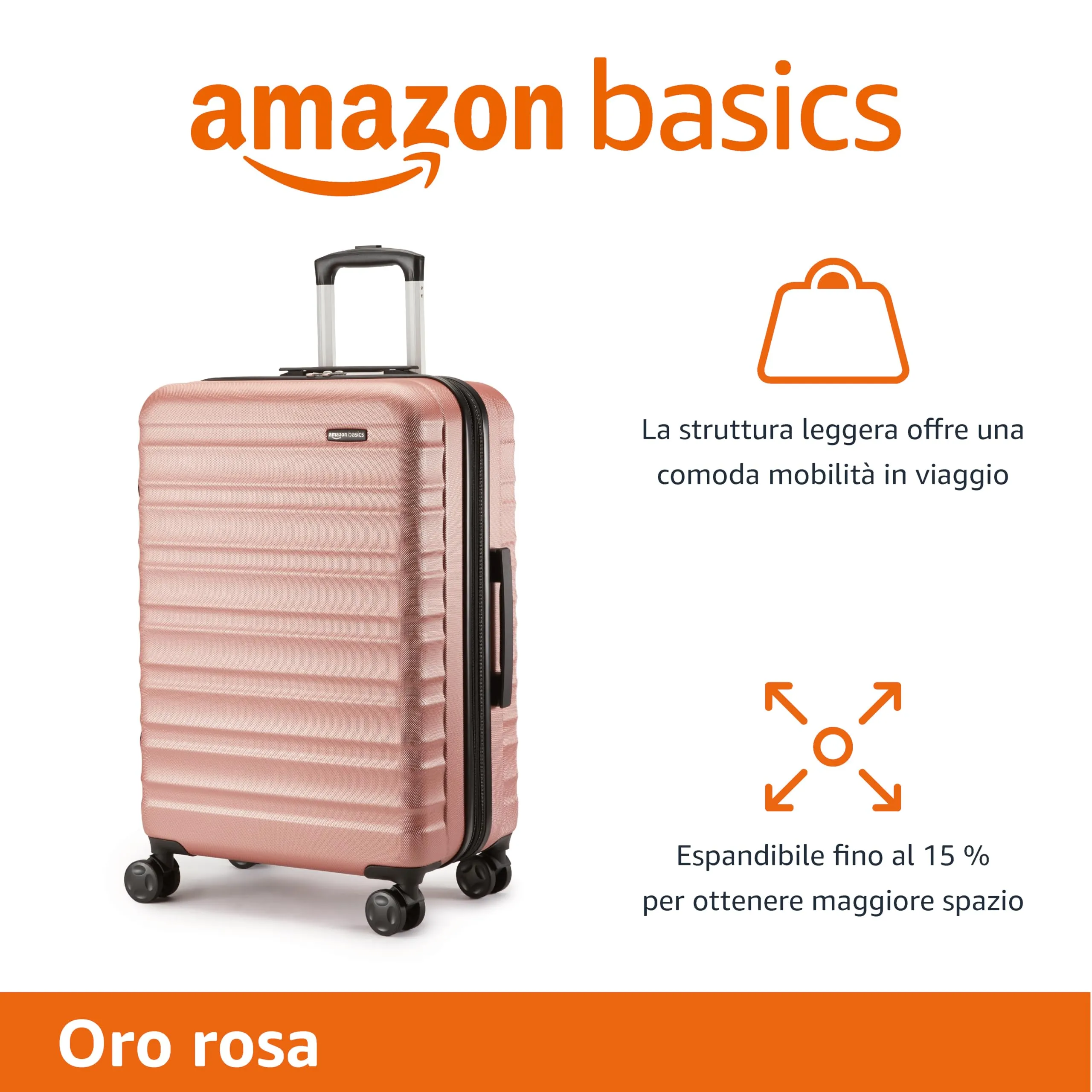 Amazon Basics Valigia Rigida Media Espandibile in ABS, 68 x 45,1 x 28,6 cm, Oro Rosa - immagine 2