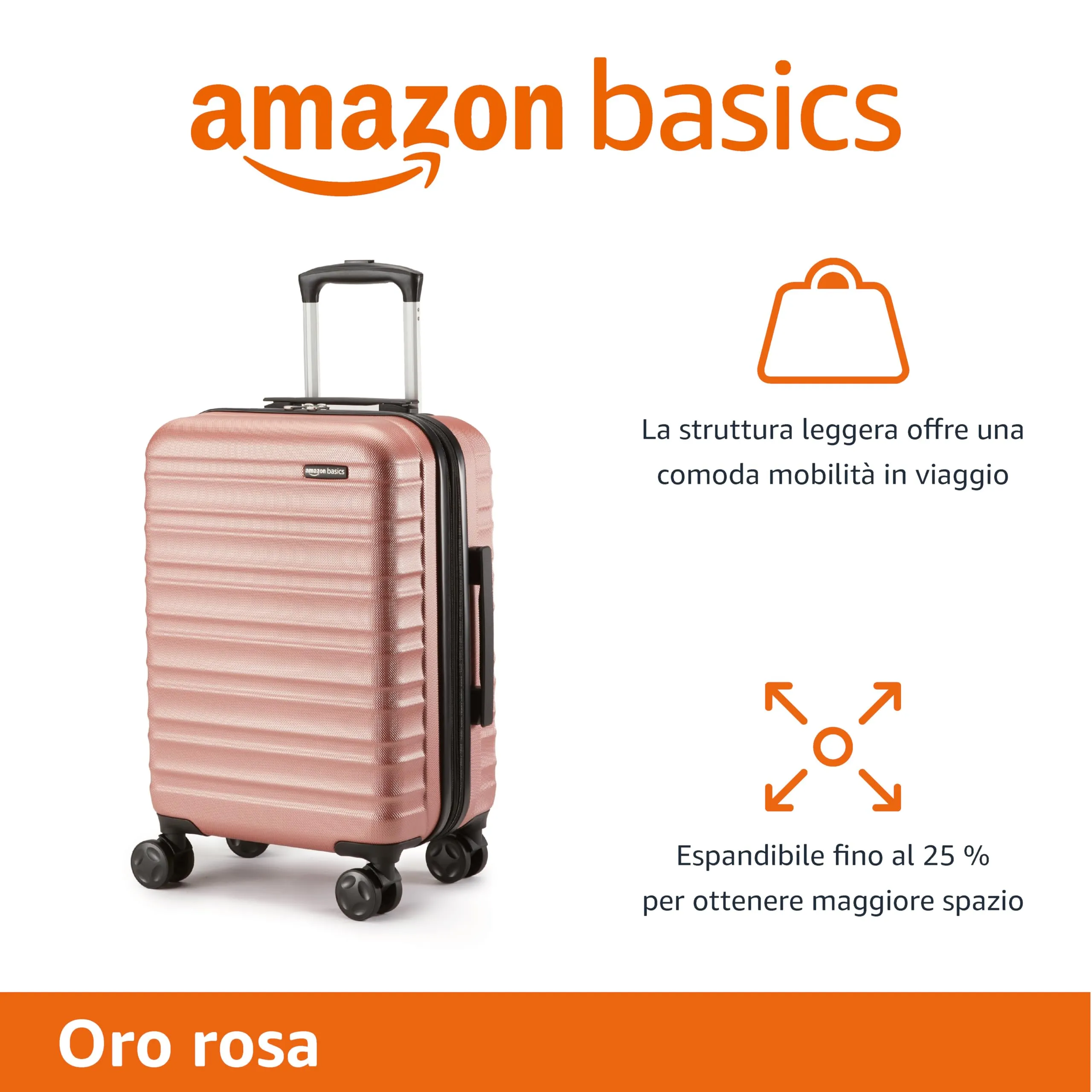 Amazon Basics Valigia Rigida Piccola Espandibile in ABS, 4 Ruote Doppie, 55 x 37,5 x 25,5 cm - Oro Rosa - immagine 2