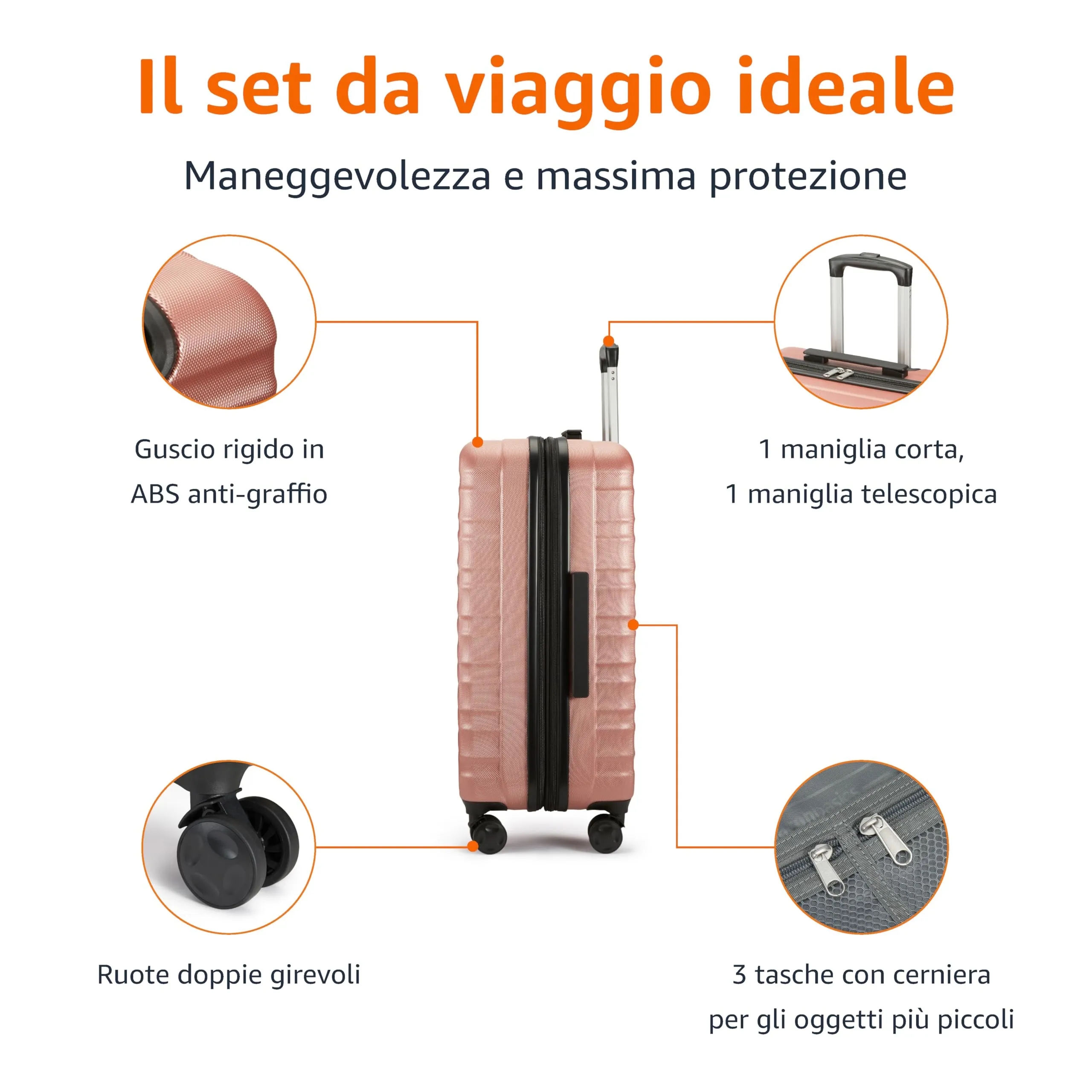 Amazon Basics Valigia Rigida Piccola Espandibile in ABS, 4 Ruote Doppie, 55 x 37,5 x 25,5 cm - Oro Rosa - immagine 7