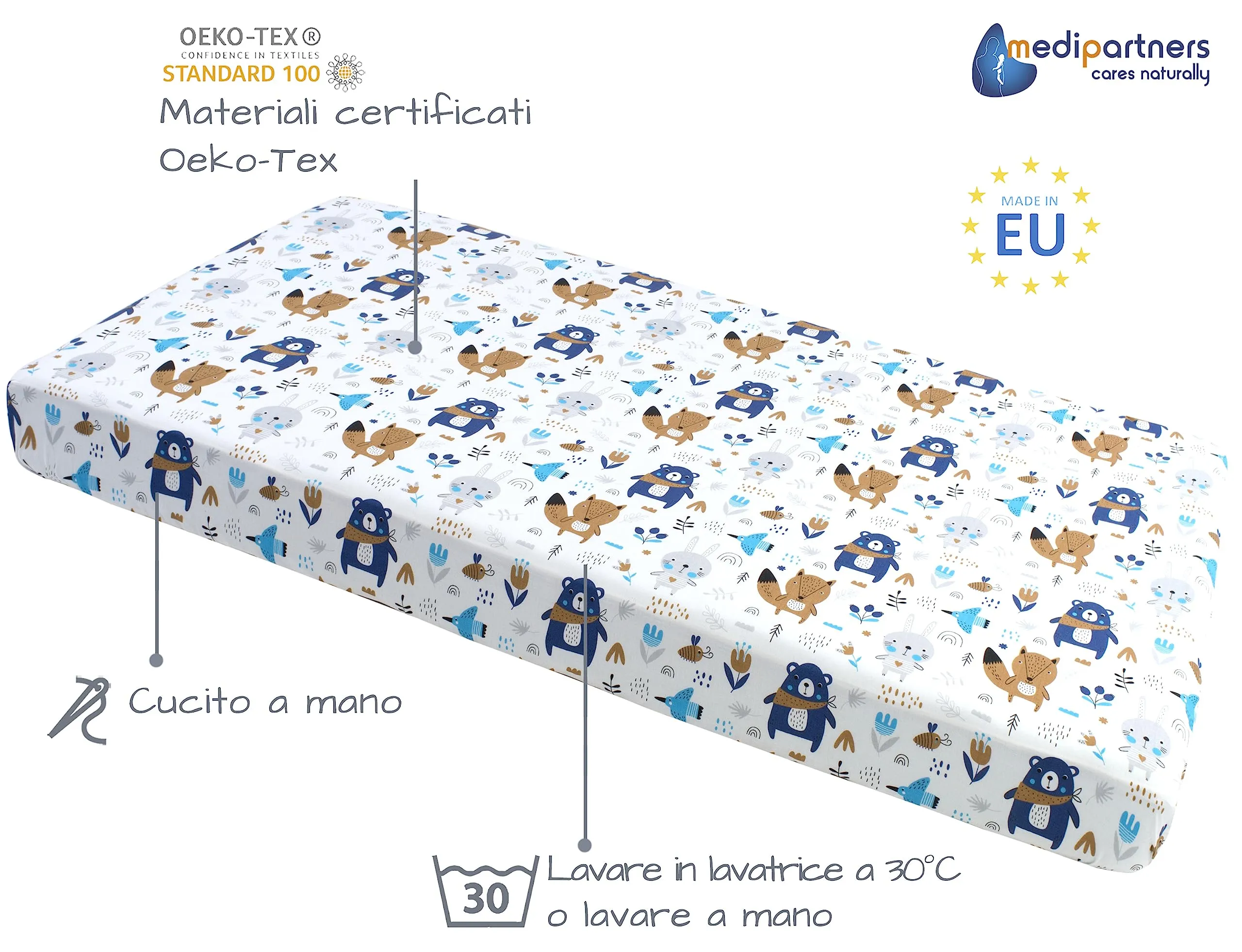 Medi Partners Lenzuola Lettino Neonato 60x120, 100% Cotone con Angoli (Boho Animals) - immagine 2