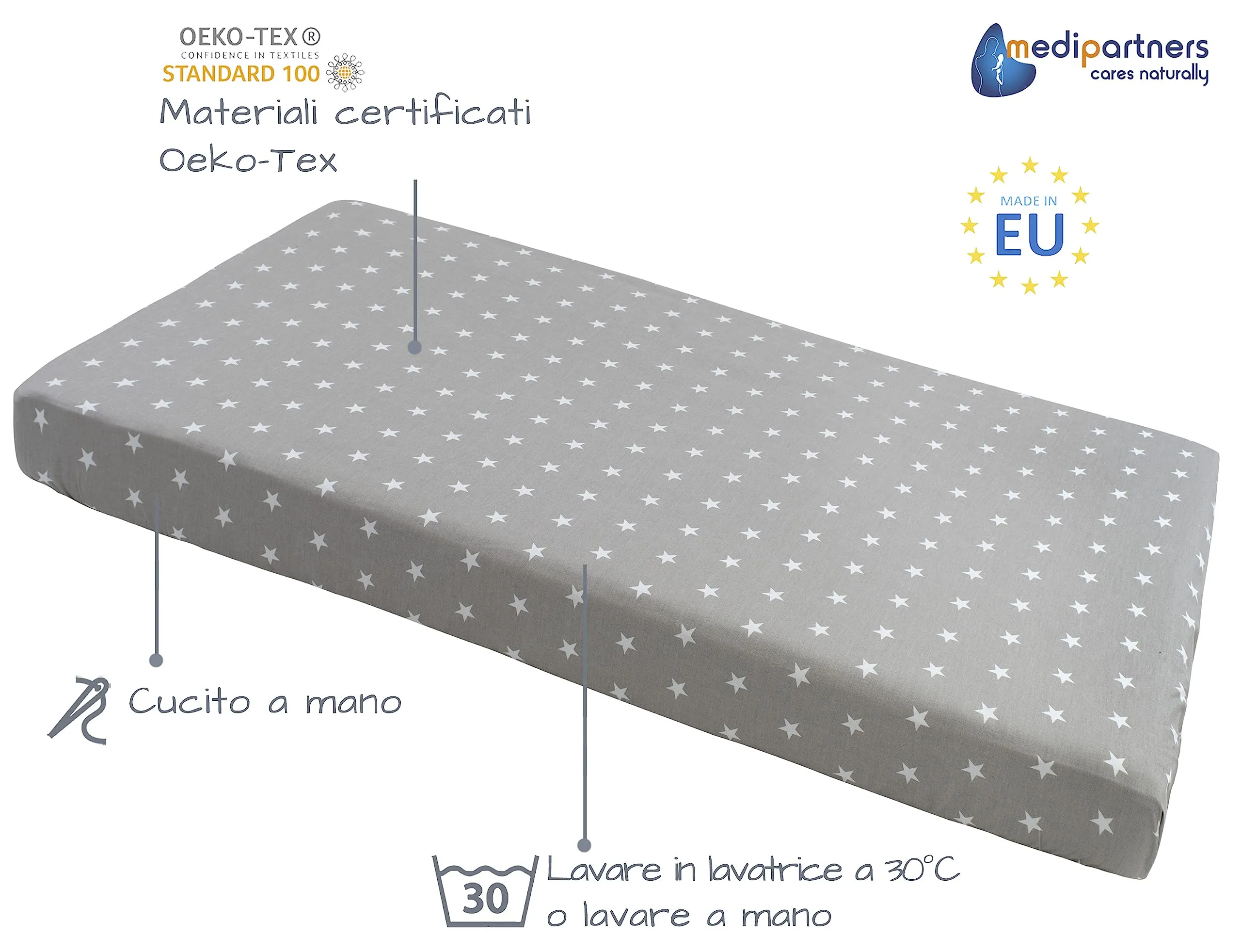 Medi Partners Lenzuolo con Angoli per Lettino Neonato 60x120, 100% Cotone (Stelle Bianche Su Grigio) - immagine 2