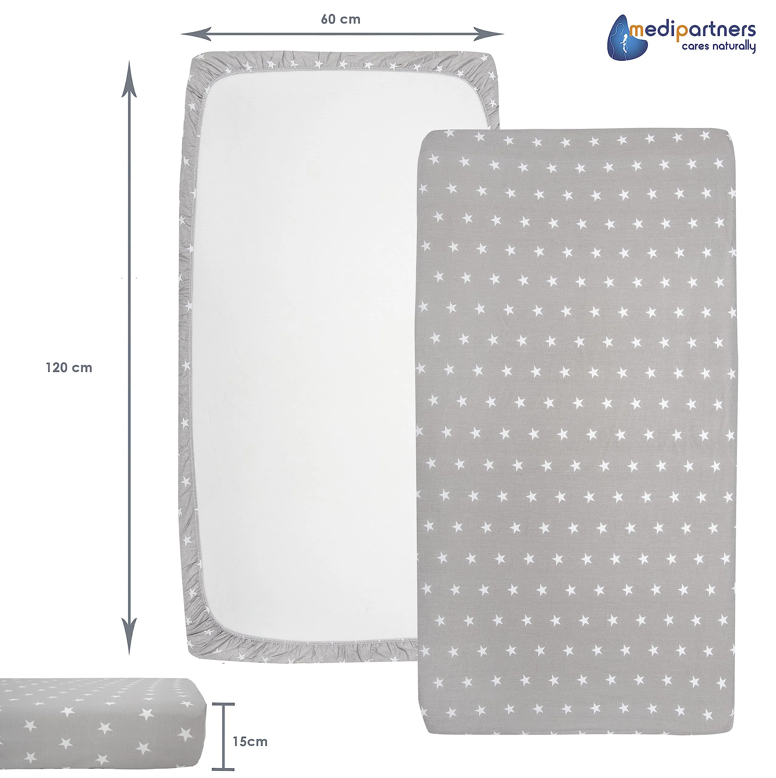 Medi Partners Lenzuolo con Angoli per Lettino Neonato 60x120, 100% Cotone (Stelle Bianche Su Grigio) - immagine 3