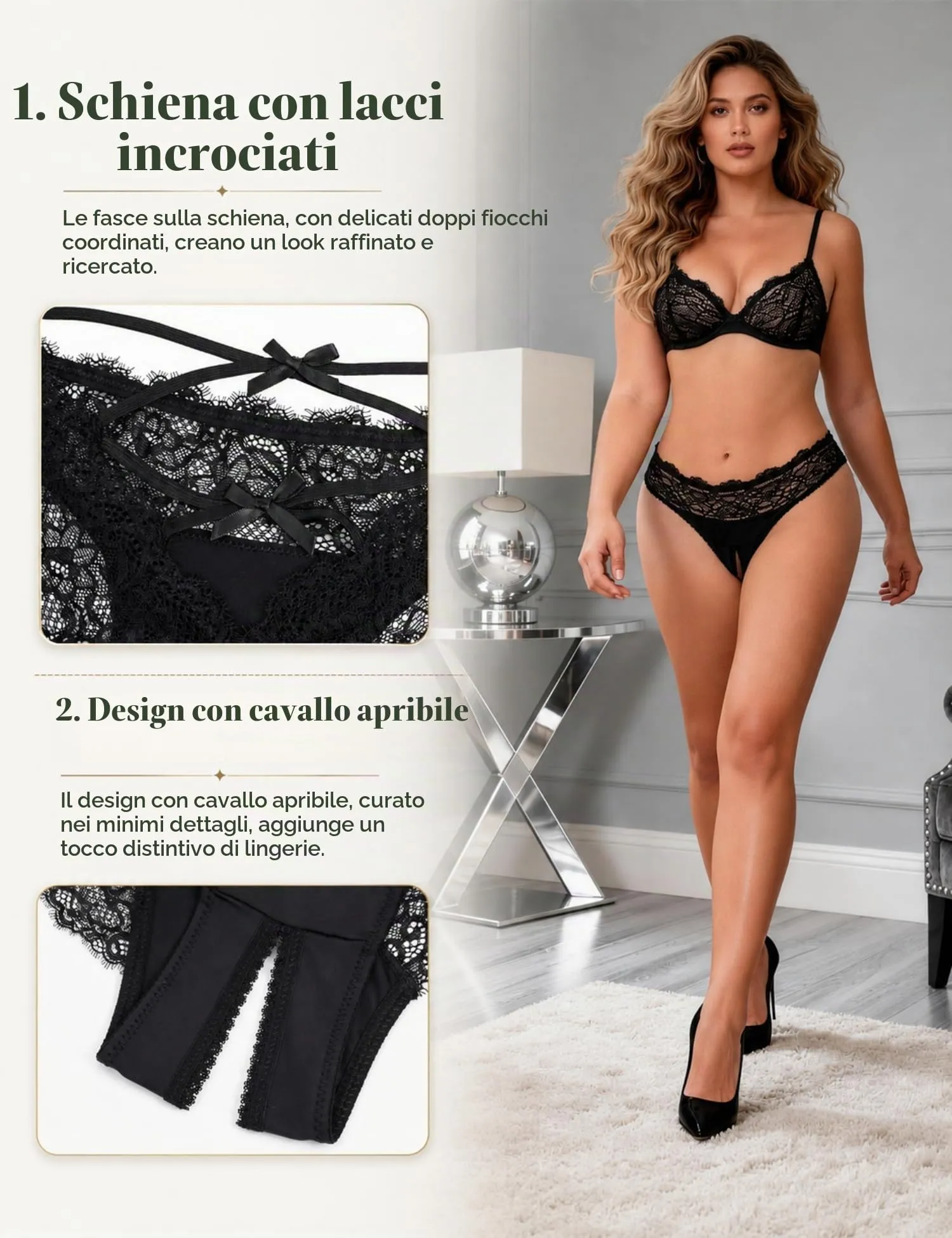 comeondear Perizoma Aperta Donna Pizzo Nero, L - immagine 4