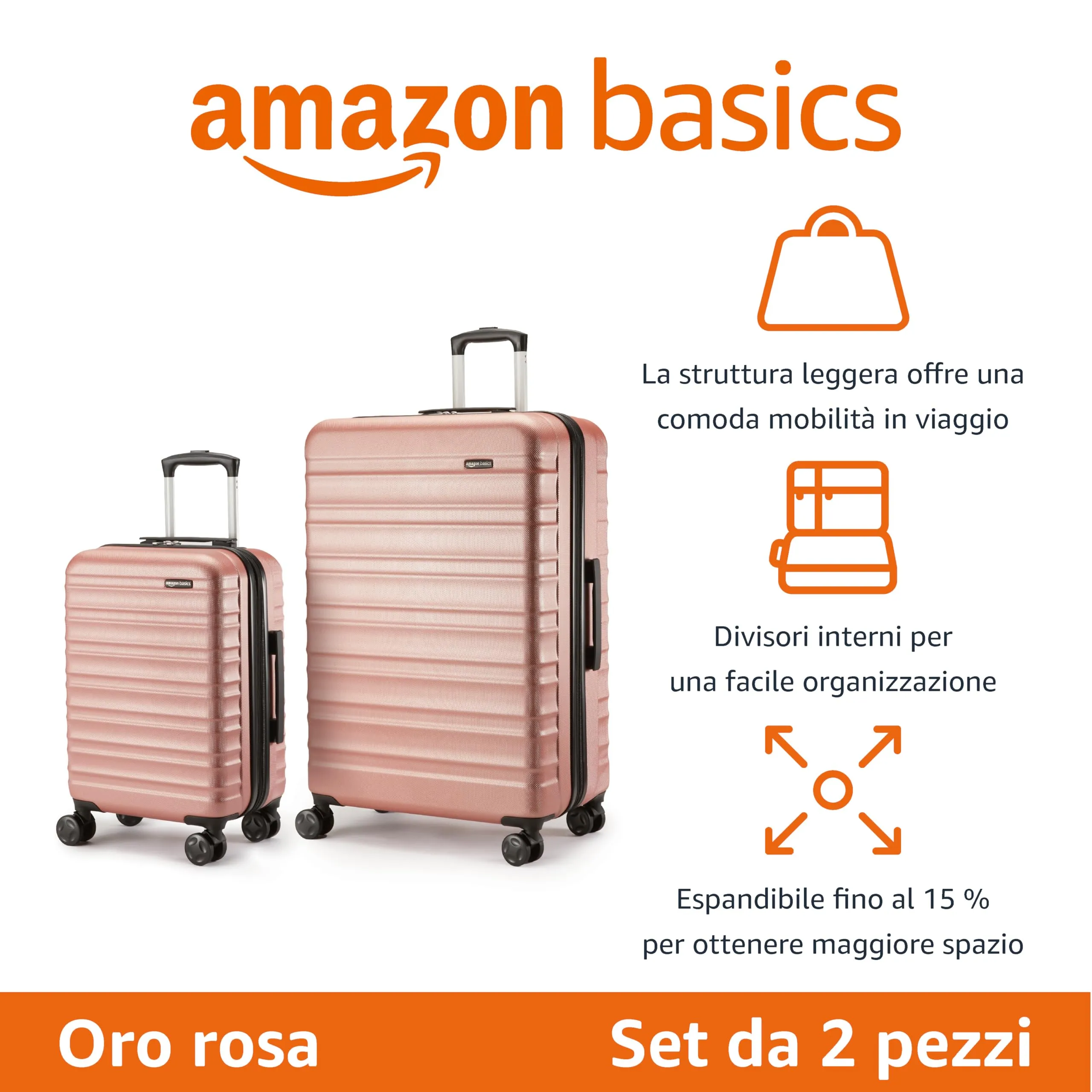 Amazon Basics Set Valigie Rigide ABS Espandibili, Piccola e Grande, Oro Rosa - immagine 2