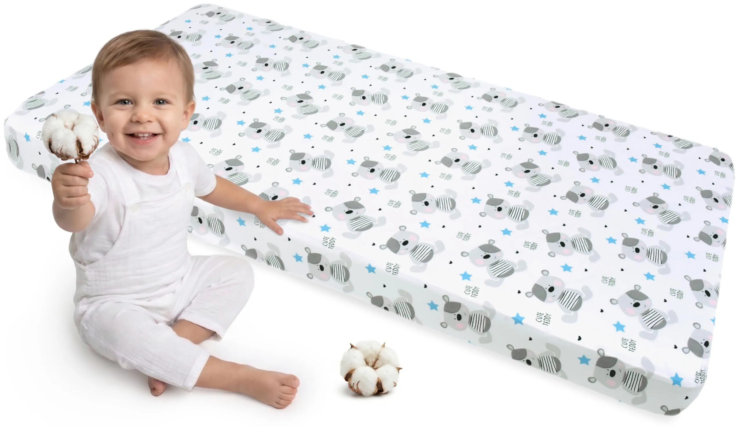 Medi Partners Lenzuolo con Angoli per Lettino Neonato 60x120, 100% Cotone (Blu Orsacchiotto) - immagine 1