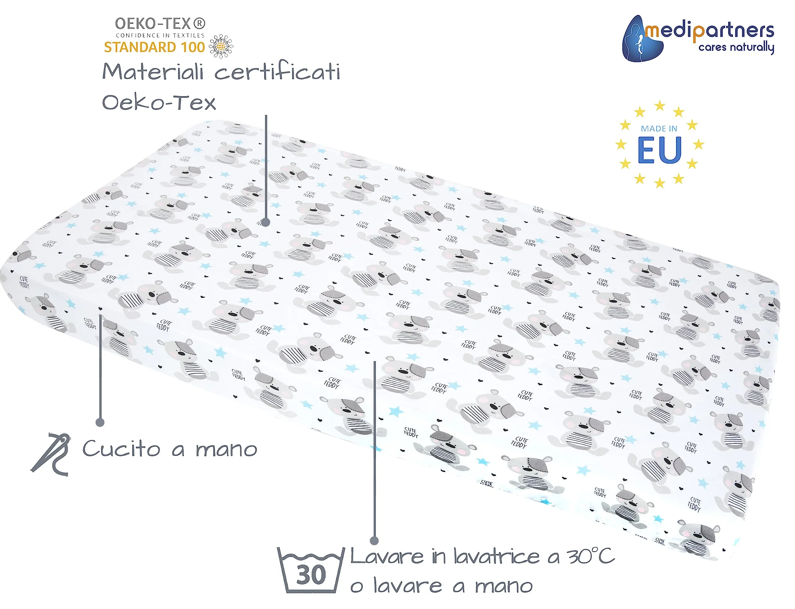 Medi Partners Lenzuolo con Angoli per Lettino Neonato 60x120, 100% Cotone (Blu Orsacchiotto) - immagine 2