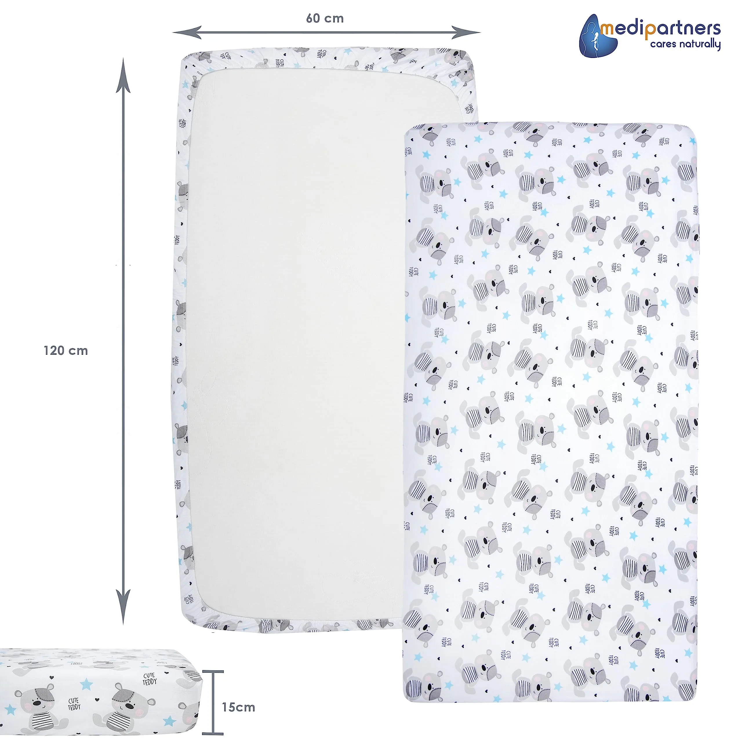 Medi Partners Lenzuolo con Angoli per Lettino Neonato 60x120, 100% Cotone (Blu Orsacchiotto) - immagine 3