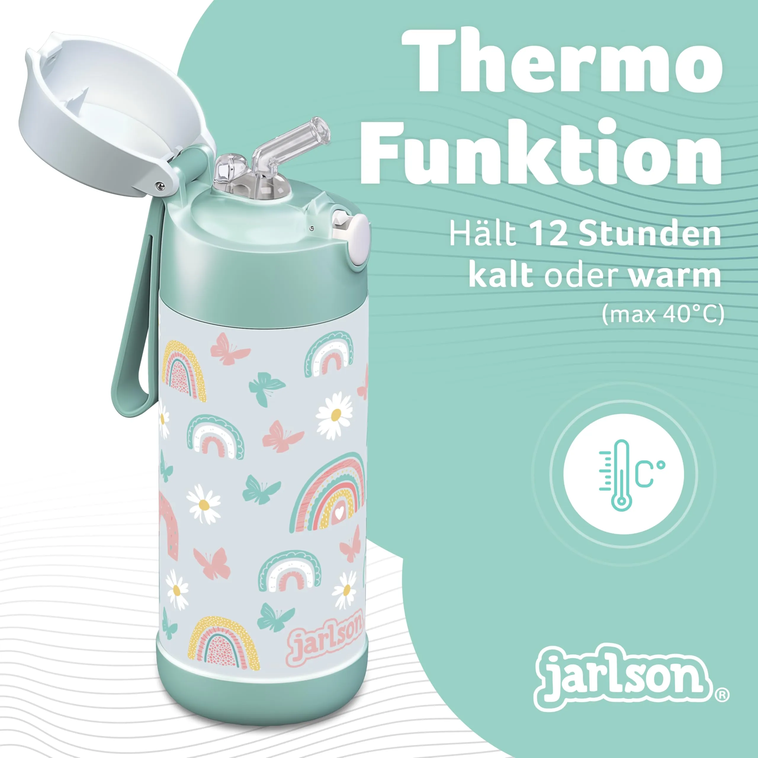 Jarlson Borraccia Termica Bambini Charli con Cannuccia, Acciaio Inox, 350 ml, Arcobaleni - immagine 2