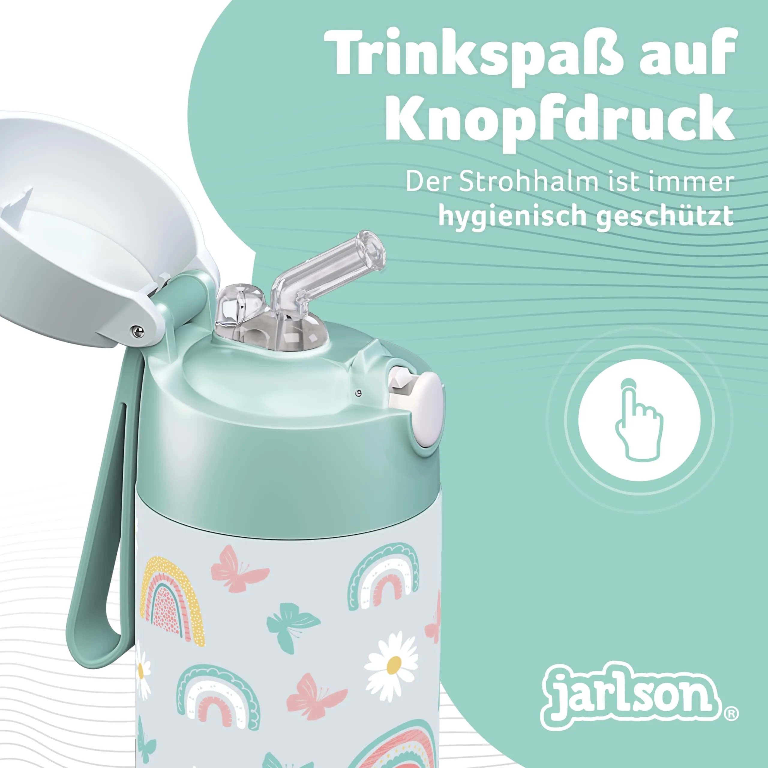 Jarlson Borraccia Termica Bambini Charli con Cannuccia, Acciaio Inox, 350 ml, Arcobaleni - immagine 4