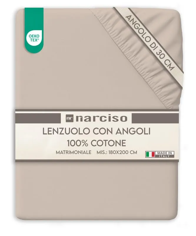 NARCISO Lenzuolo con Angoli Matrimoniale 100% Cotone 180x200x30 cm, Sabbia (2P) - immagine 1