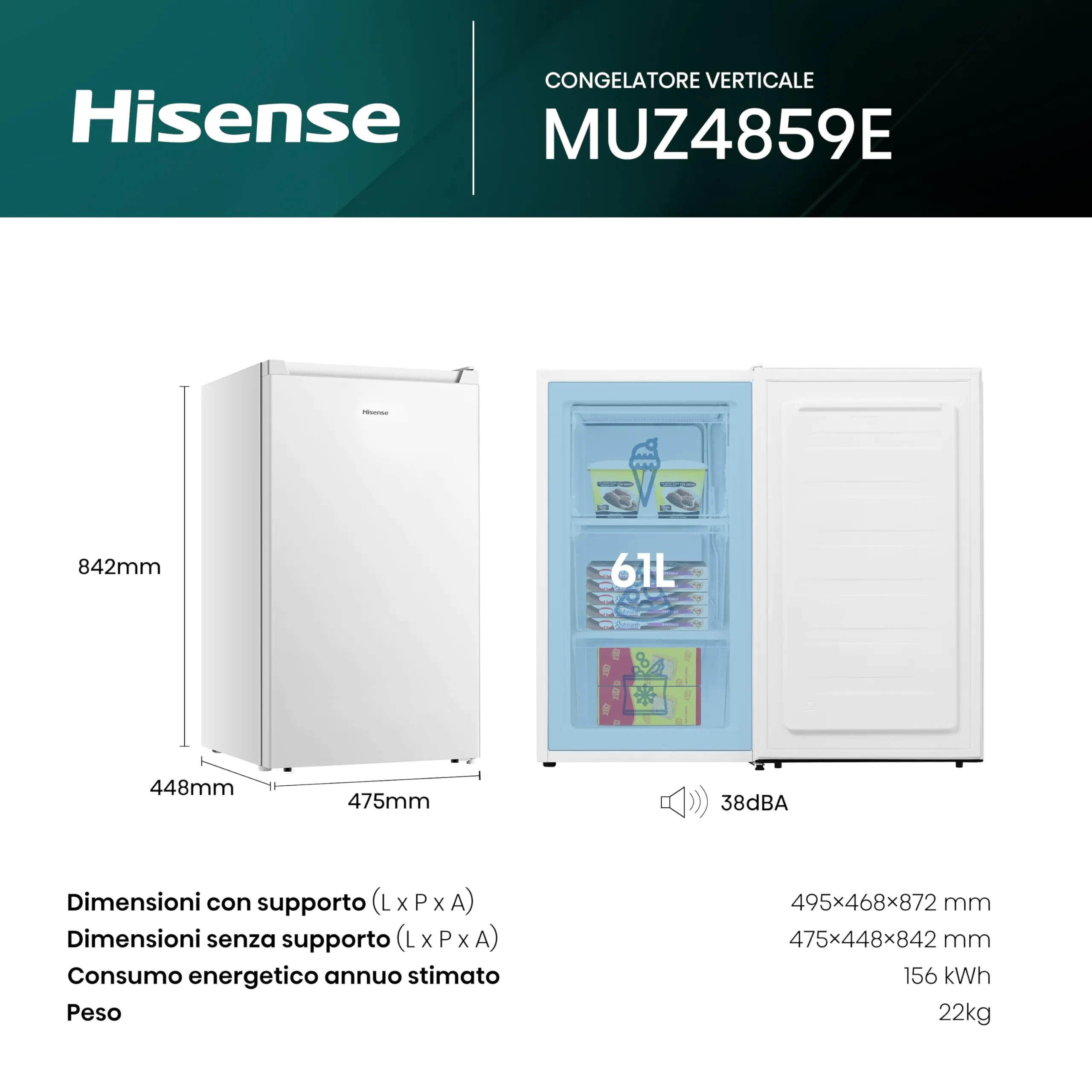 Hisense MUZ4859E Congelatore Verticale Bianco 61L - immagine 2