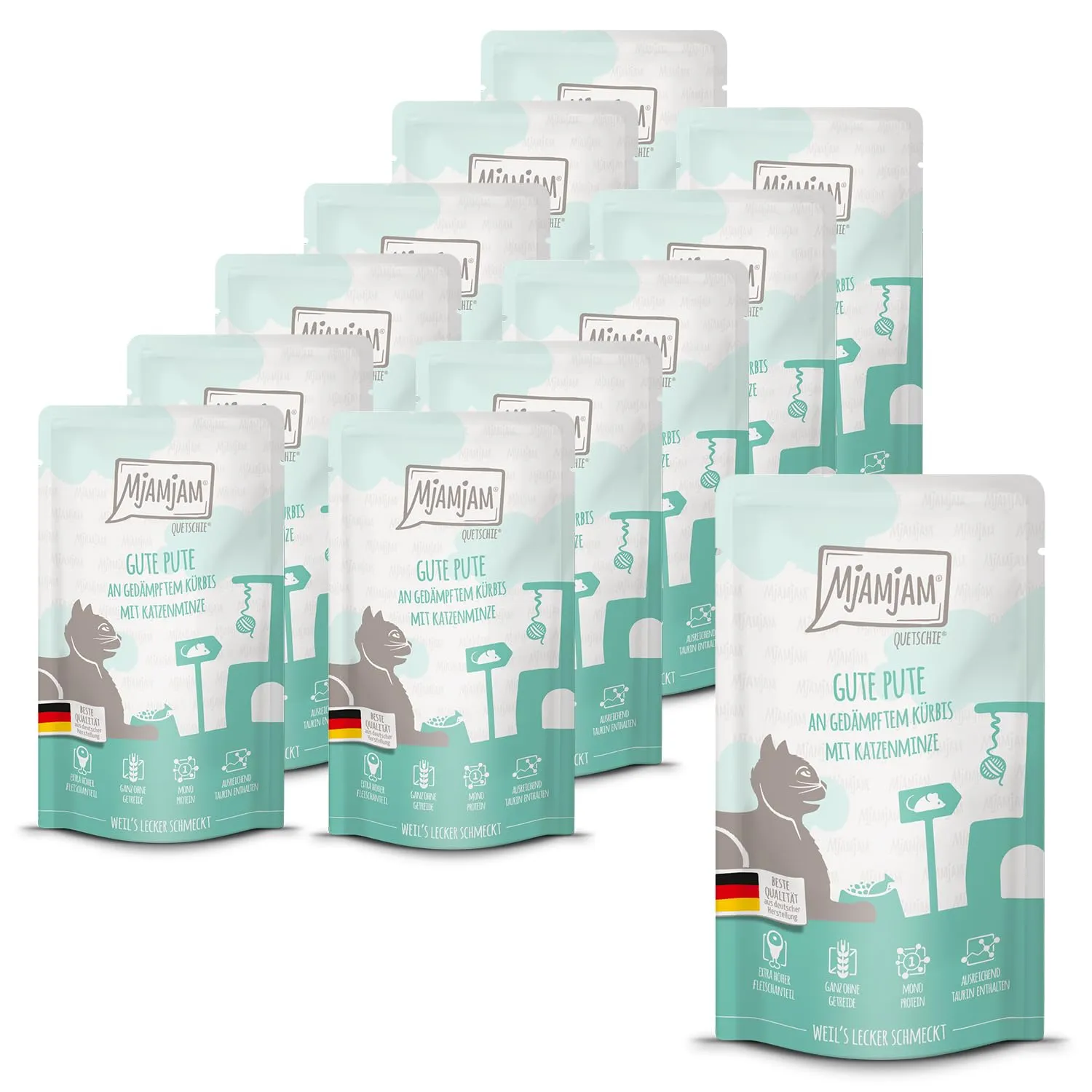 MjAMjAM Quetschie Cibo Umido per Gatti al Tacchino e Zucca, Senza Cereali, 12 x 125 g - immagine 1