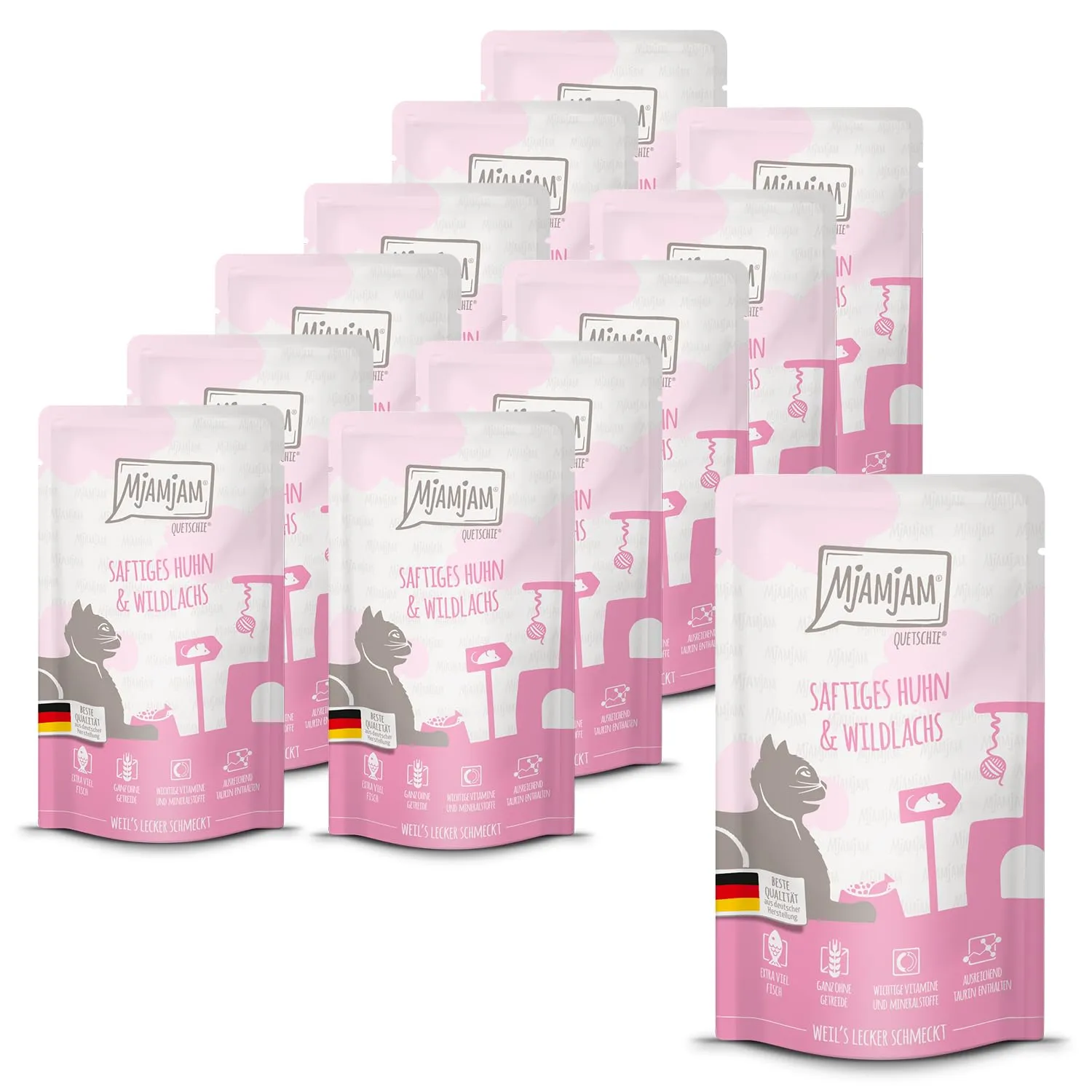 MjAMjAM Cibo Umido per Gatti Pollo e Salmone Selvatico, Senza Cereali, 12 x 125 g - immagine 1