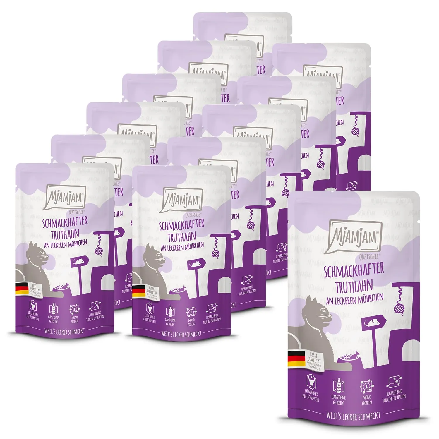 MjAMjAM Quetschie Cibo Umido per Gatti Tacchino e Carote, Senza Cereali, 12 x 125 g - immagine 1