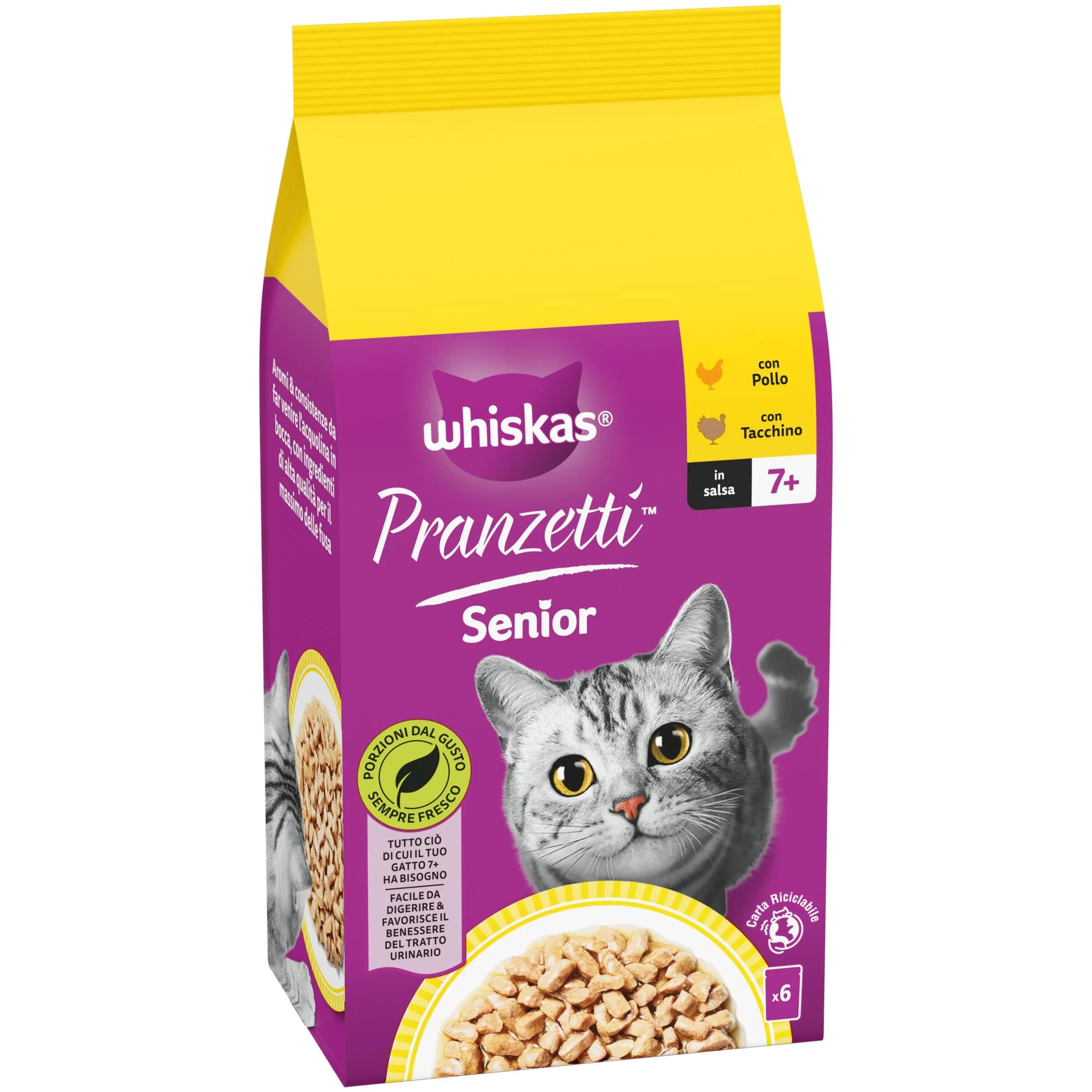 Whiskas Pranzetti Cibo Umido in Salsa per Gatti Adulti Senior 7+ Pollame, 6x50g, confezione da 12 - immagine 3