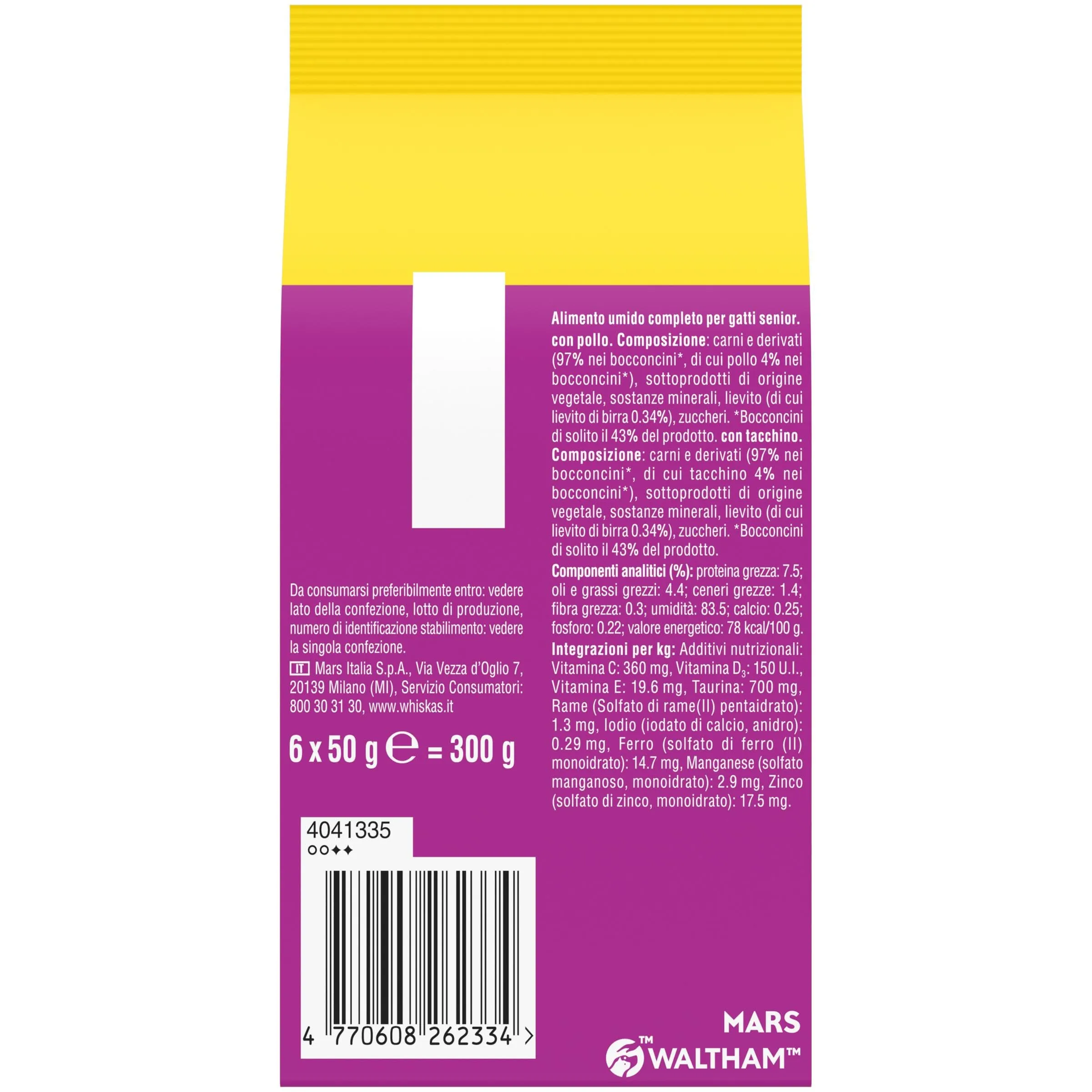 Whiskas Pranzetti Cibo Umido in Salsa per Gatti Adulti Senior 7+ Pollame, 6x50g, confezione da 12 - immagine 4