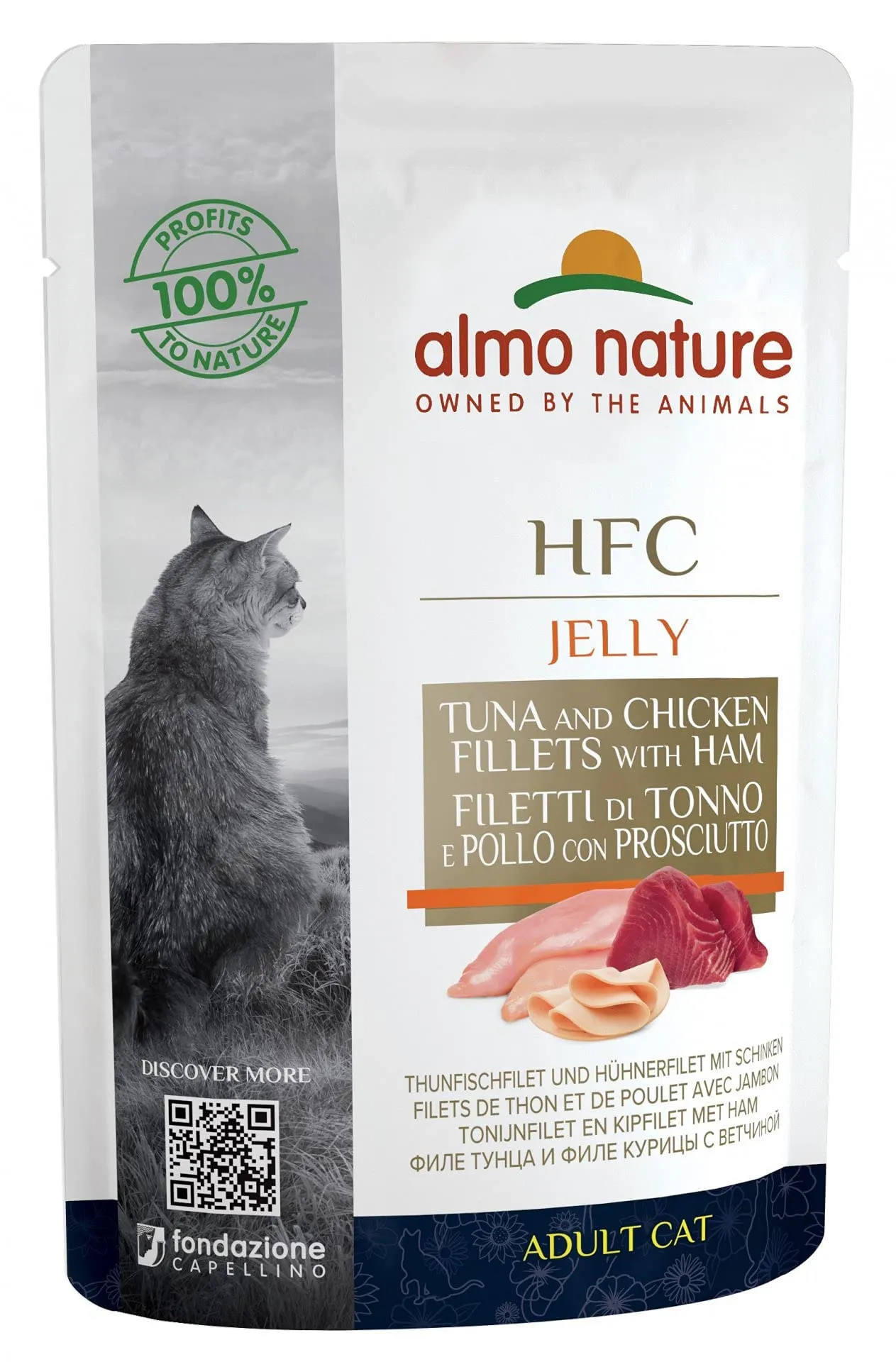 Almo Nature Classic Jelly Adult Cat Tuna and Chicken Fillets with Ham, 55g - immagine 1