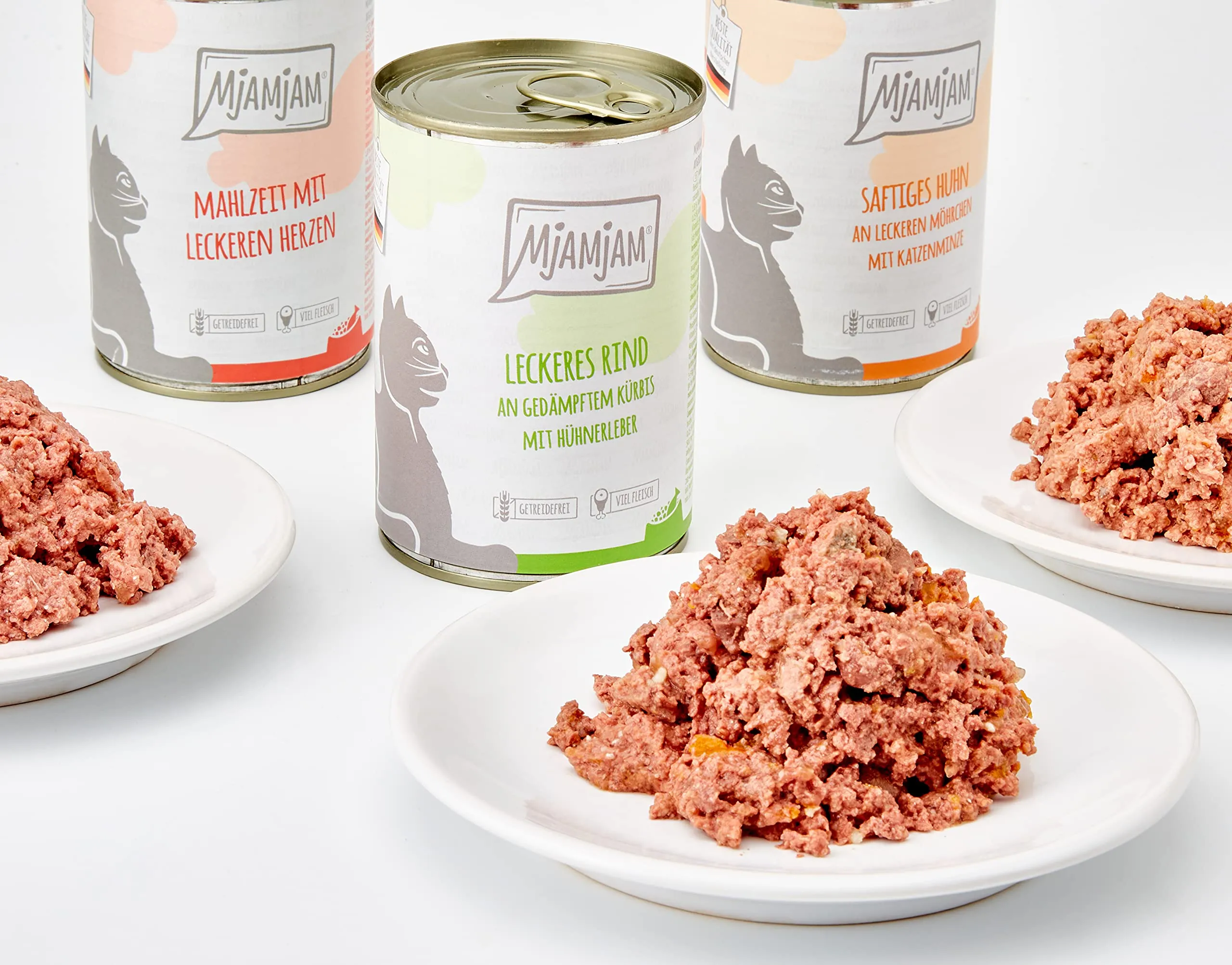 MjAMjAM Cibo Umido Premium per Gatti, Confezione Mista I (Pollo, Manzo, Cuori), Senza Cereali, 6 x 400 g - immagine 2