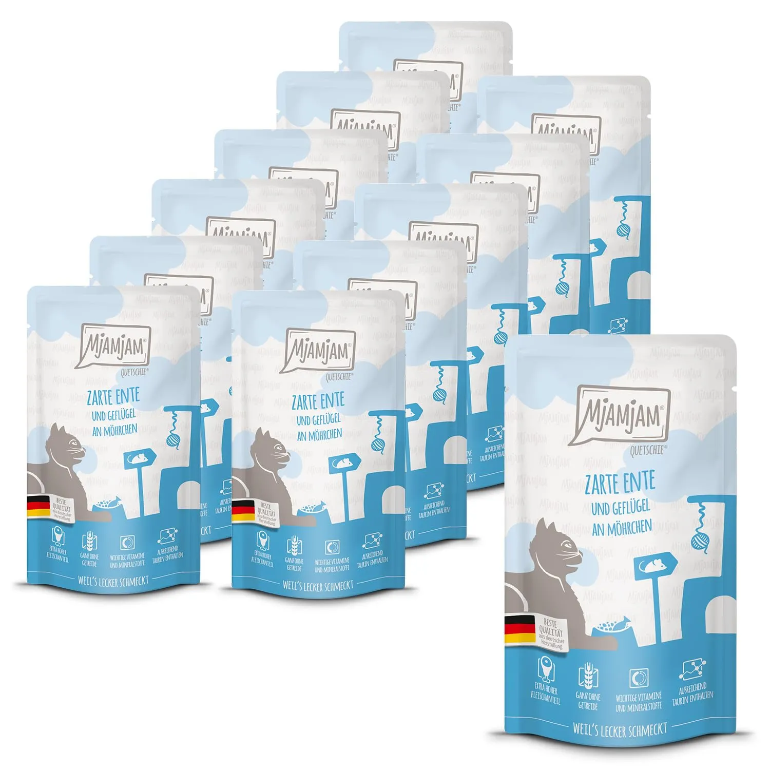 MjAMjAM Quetschie Cibo Umido per Gatti Anatra, Pollame e Carote, Senza Cereali, 12 x 125 g - immagine 1