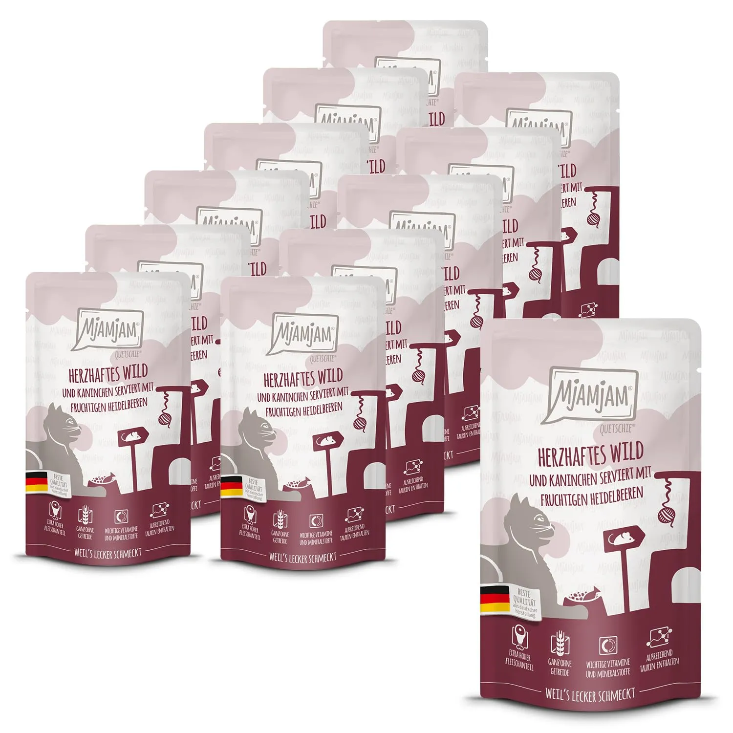 MjAMjAM Quetschie Cibo Umido per Gatti Selvaggina e Coniglio con Mirtilli, Senza Cereali, 12 x 125 g - immagine 1