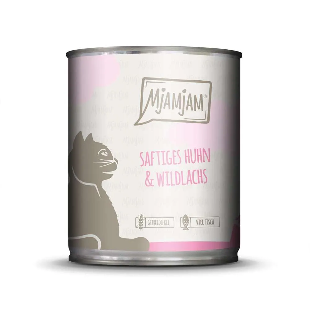 MjAMjAM cibo umido premium per gatti, Pollo succoso e Salmone selvatico, senza cereali, 6 x 800 g - immagine 4