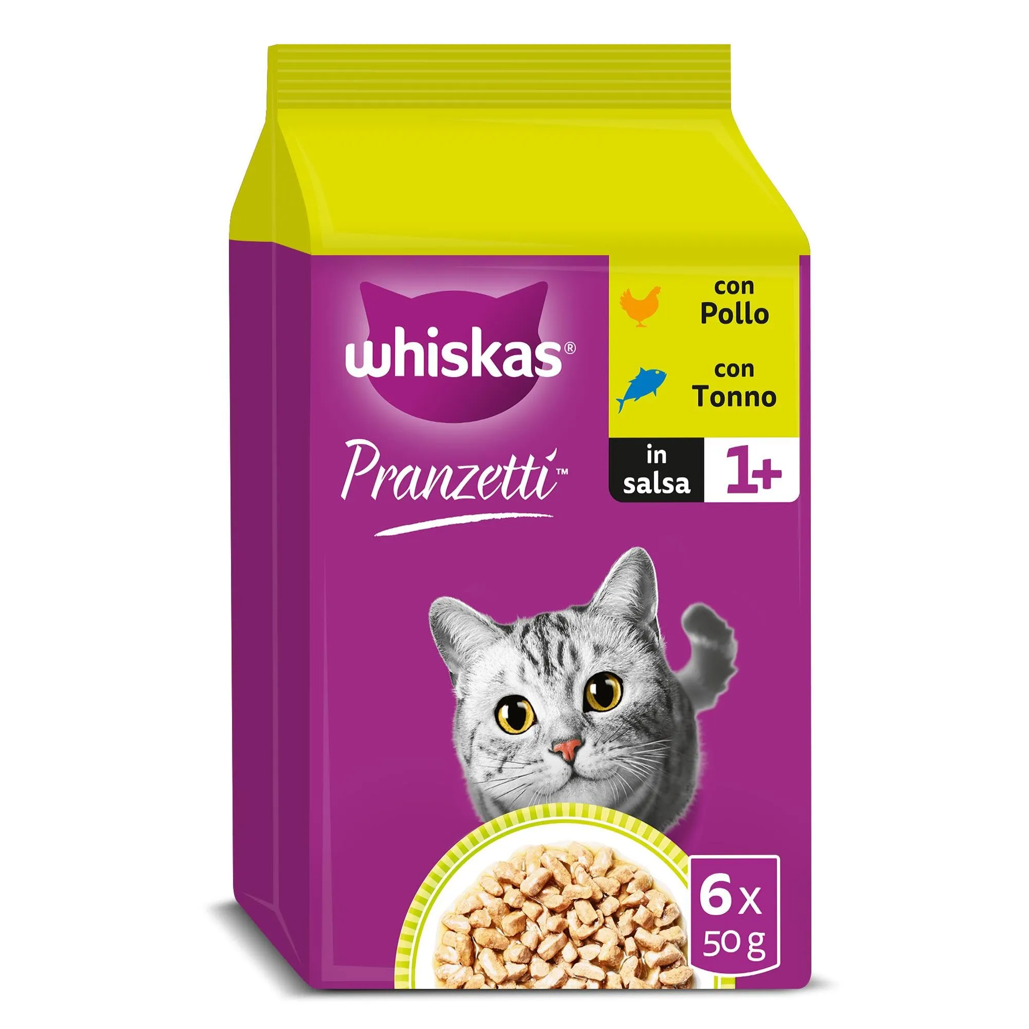 Whiskas Pranzetti Cibo Umido per Gatti Adulti in Salsa, Selezione Carne e Pesce, 12 Confezioni da 6 Vaschette da 50 g (3,6 kg) - immagine 1