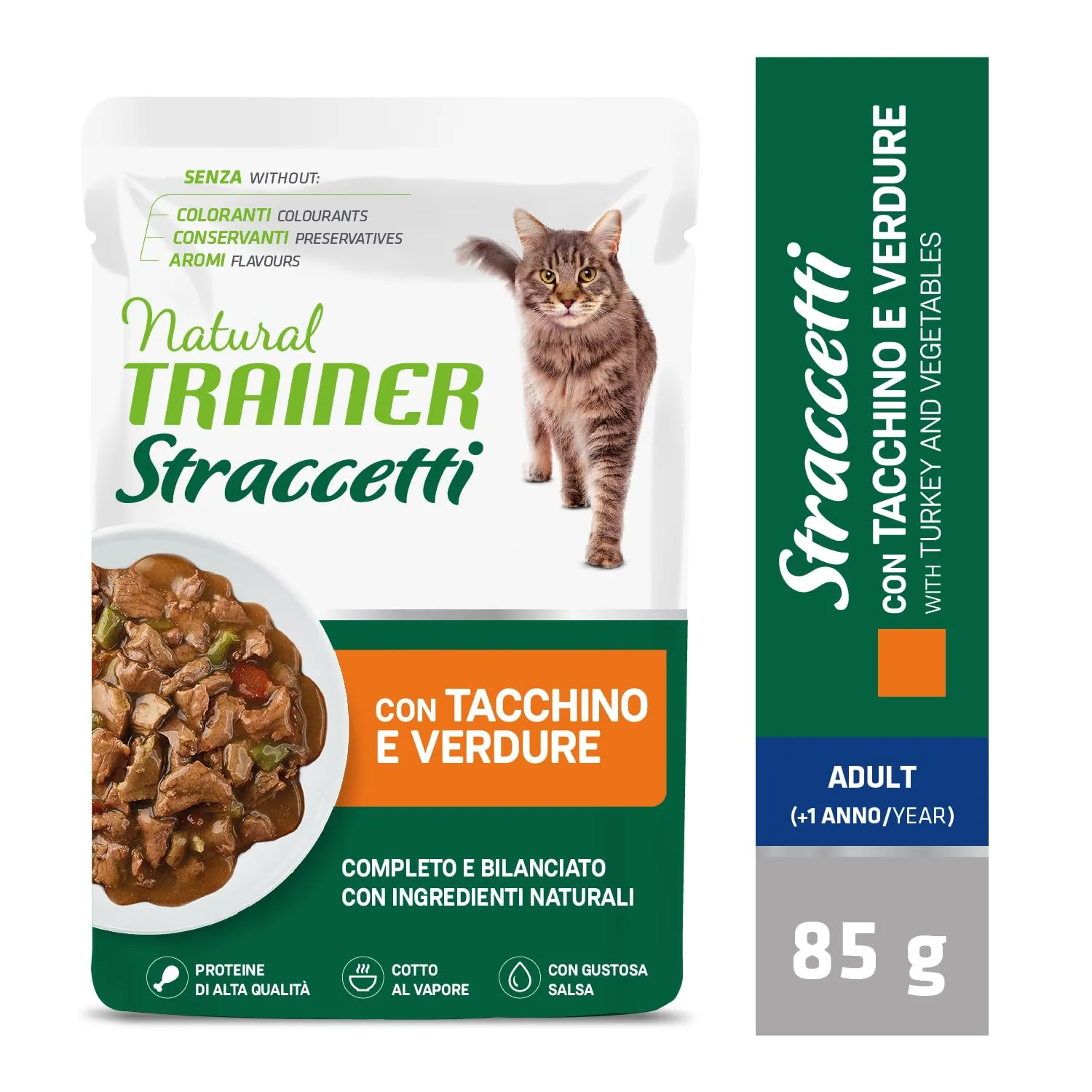 Natural Trainer Straccetti Cibo Umido per Gatti Adulti, Bocconcini in Salsa con Tacchino, 22 x 85g - immagine 2