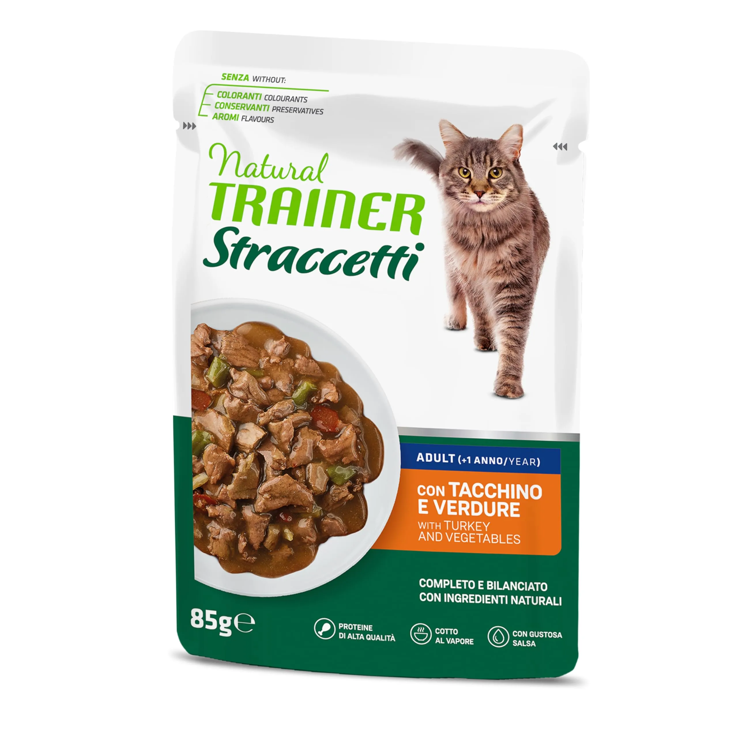 Natural Trainer Straccetti Cibo Umido per Gatti Adulti, Bocconcini in Salsa con Tacchino, 22 x 85g - immagine 3