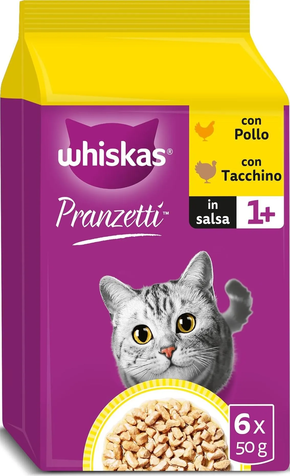 Whiskas Pranzetti Cibo Umido per Gatti Adulti in Salsa al Gusto Pollame, 12 Confezioni da 6 Vaschette da 50 g (3.6 kg) - immagine 1