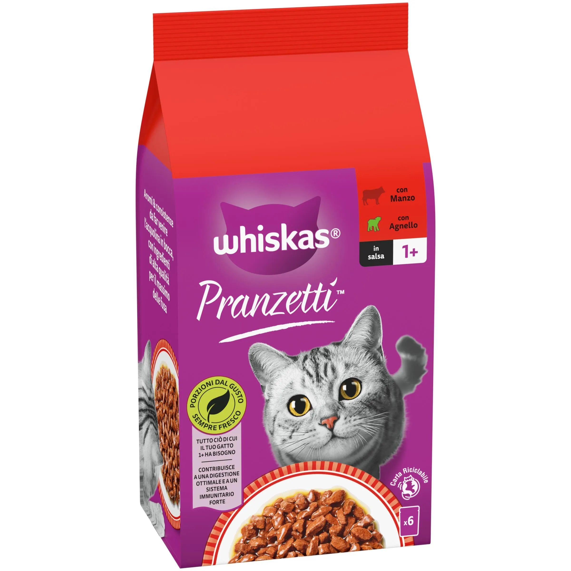 Whiskas Pranzetti Cibo Umido in Salsa per Gatti Adulti Carne 6x50g, confezione da 12 - immagine 3