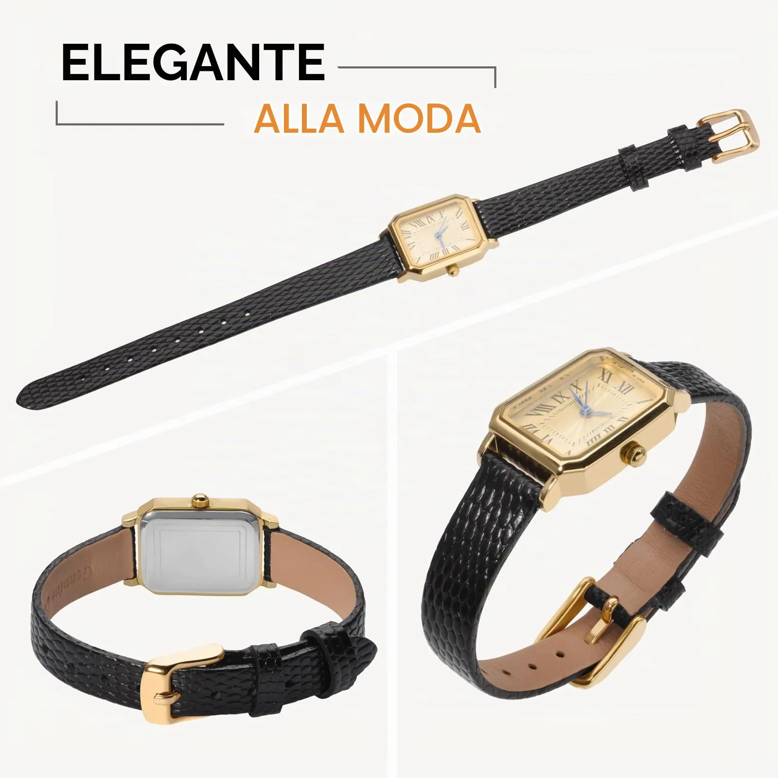 ANNEFIT Cinturino in Pelle 18mm per Orologi Donna, Fibbia in Acciaio Inossidabile Oro, Nero - immagine 8
