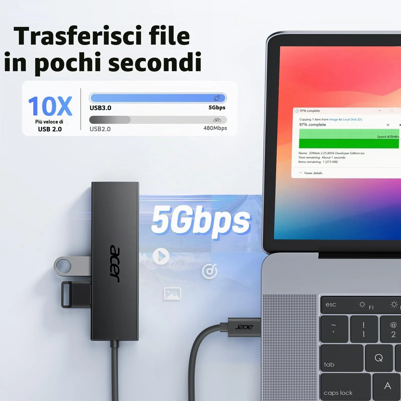Acer Hub USB-C 3.0, 4 Porte USB 5Gbps, 21cm - immagine 3