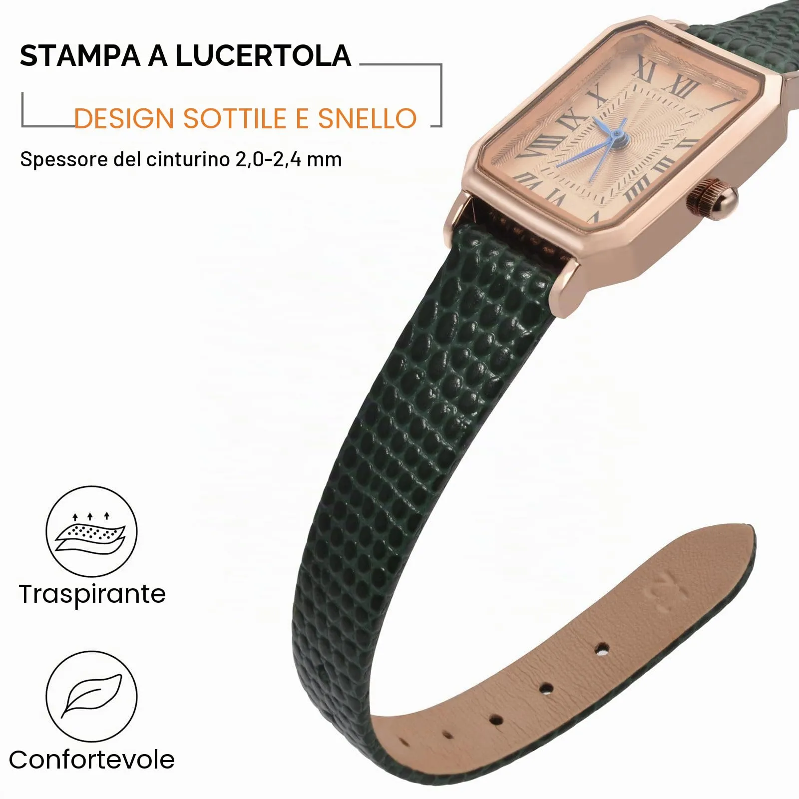 ANNEFIT Cinturino in Pelle per Orologi Donna 16mm, Fibbia in Acciaio Inossidabile Oro, Verde - immagine 3