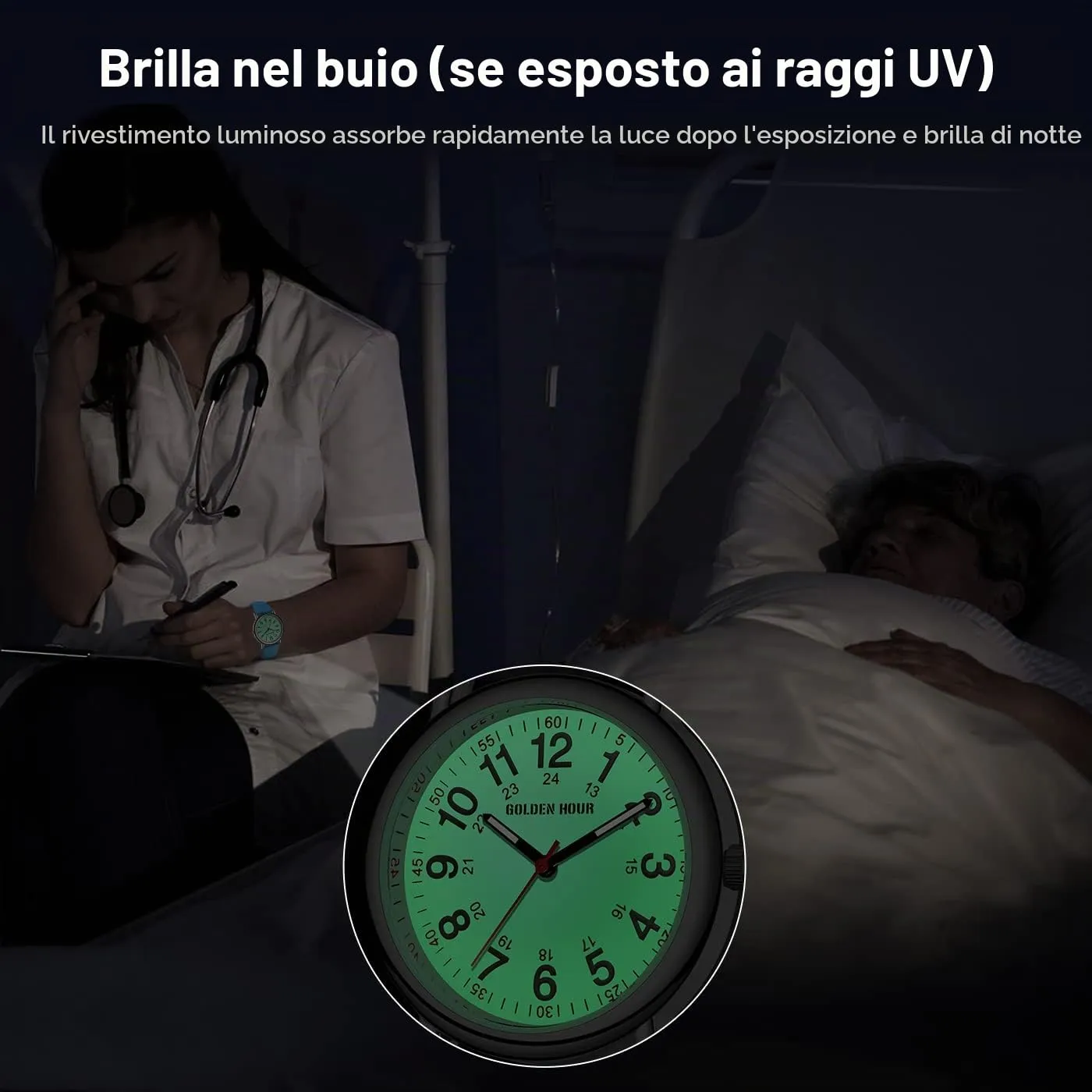 GOLDEN HOUR Orologio da Infermiere GH-1314, Quadrante Luminoso 24 Ore con Lancetta dei Secondi, Cinturino in Silicone Impermeabile - immagine 3