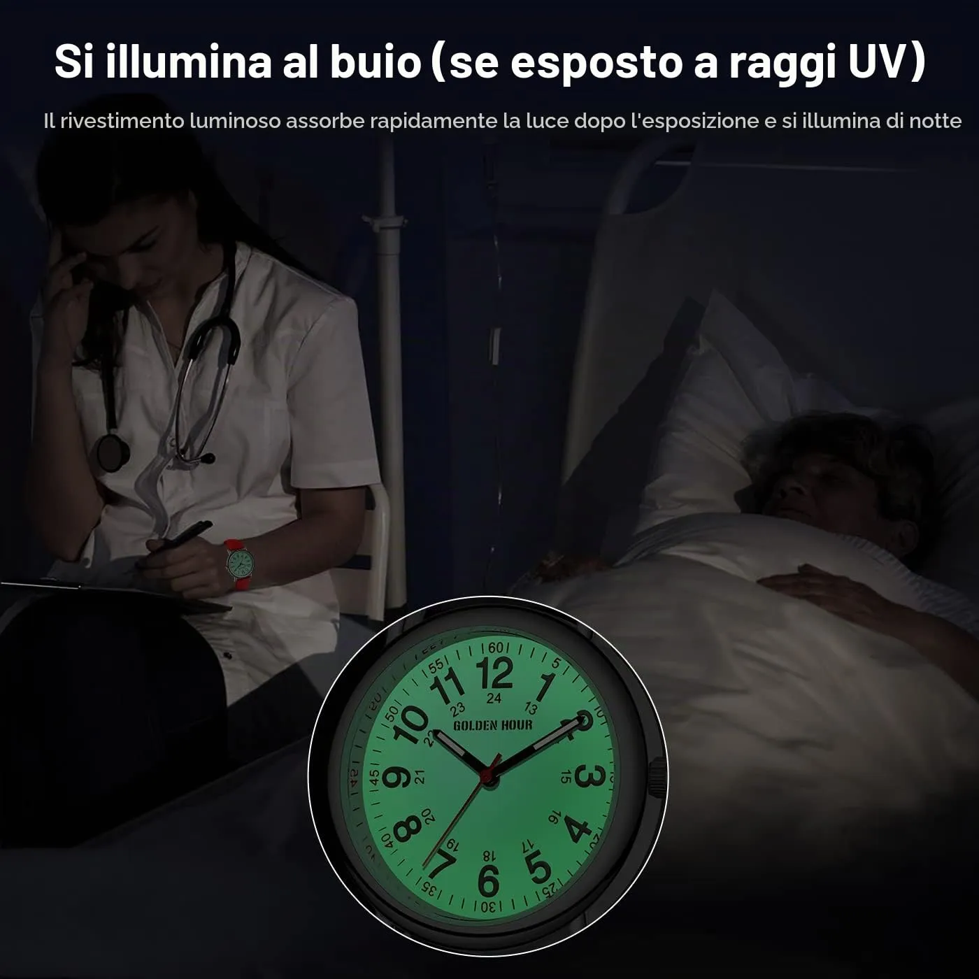 Golden Hour GH-1314 Orologio da Infermiere Impermeabile, Quadrante Luminoso 24 Ore con Lancetta dei Secondi - immagine 3