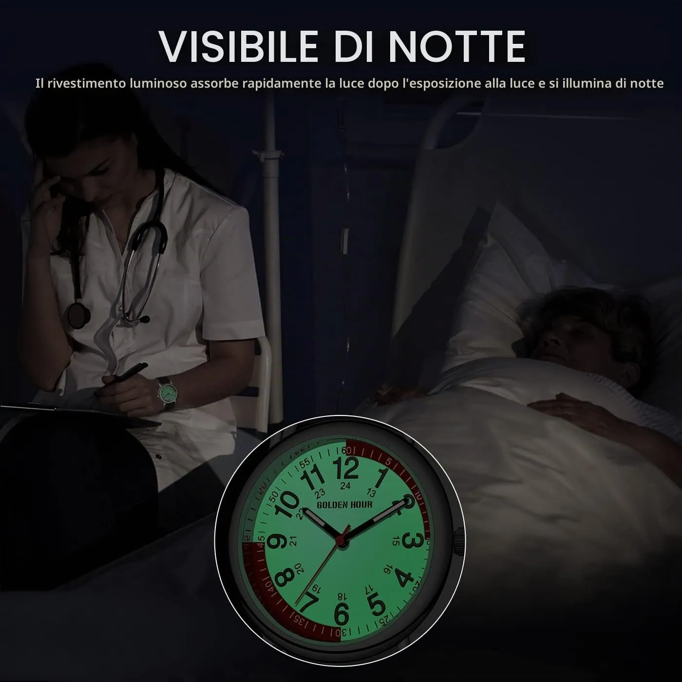 GOLDEN HOUR Orologio da Infermiere GH-1314 Impermeabile con Quadrante Luminoso e Lancetta dei Secondi - immagine 6