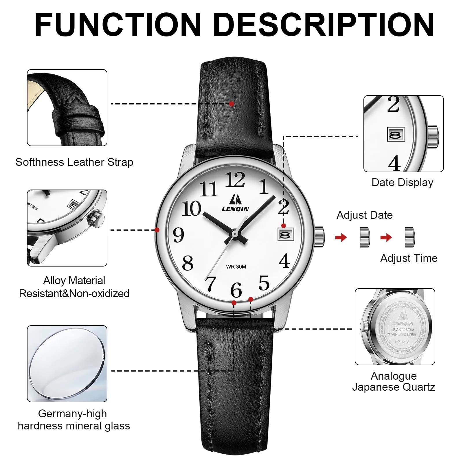 LN LENQIN Orologio Donna Analogico al Quarzo con Cinturino in Pelle Impermeabile L0133 - immagine 7