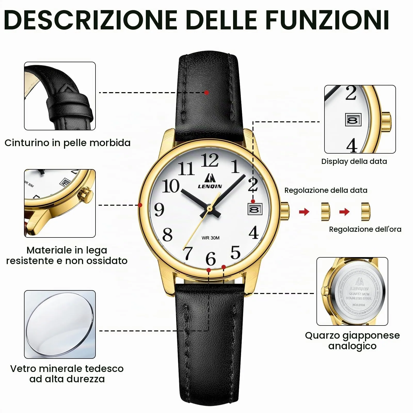 LN LENQIN Orologio Donna Analogico al Quarzo Cinturino in Pelle 3ATM - immagine 7