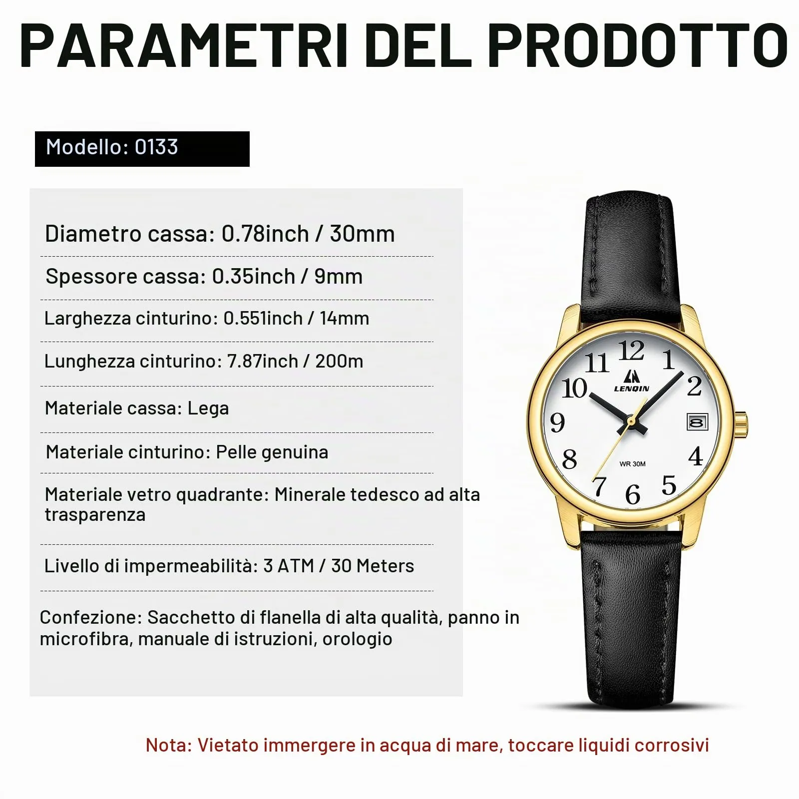 LN LENQIN Orologio Donna Analogico al Quarzo Cinturino in Pelle 3ATM - immagine 8