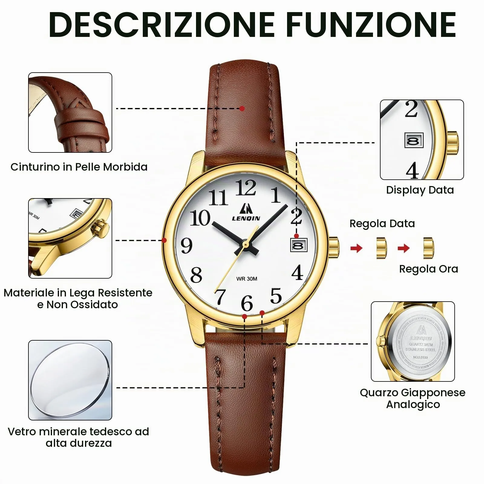 LN LENQIN Orologio Donna Analogico al Quarzo Cinturino in Pelle 3ATM L0133 - immagine 7