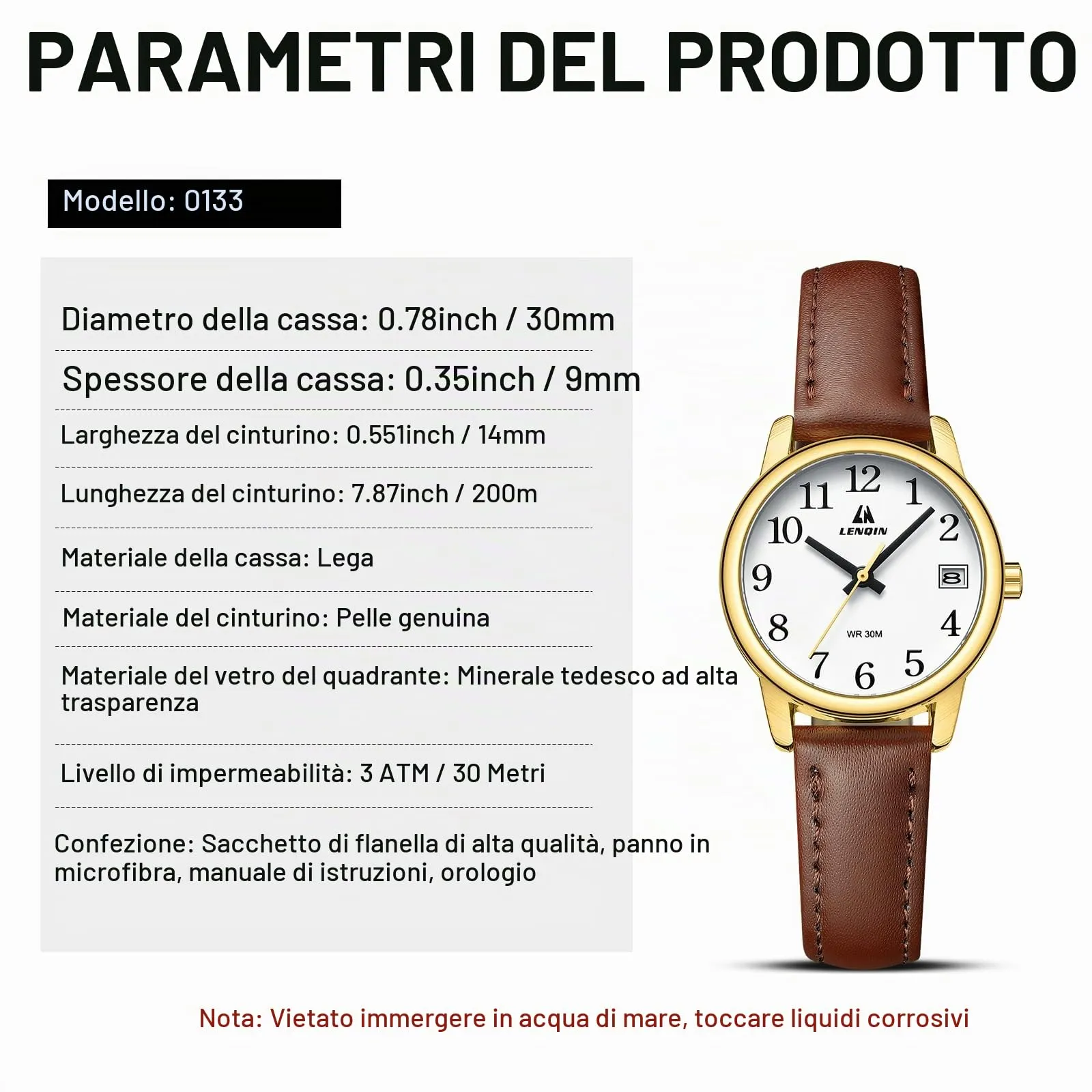 LN LENQIN Orologio Donna Analogico al Quarzo Cinturino in Pelle 3ATM L0133 - immagine 8